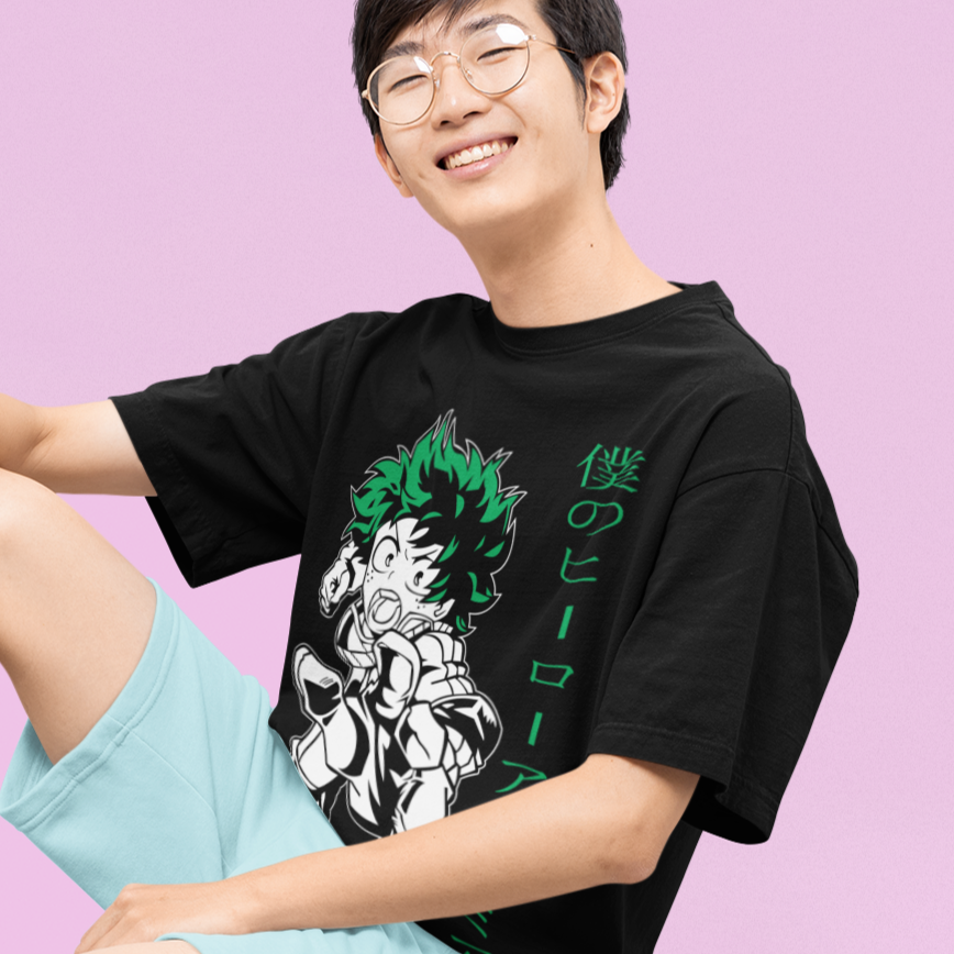Happy man wearing a Deku Hero Academia Tee in black doing the peace and love sign with his hands.