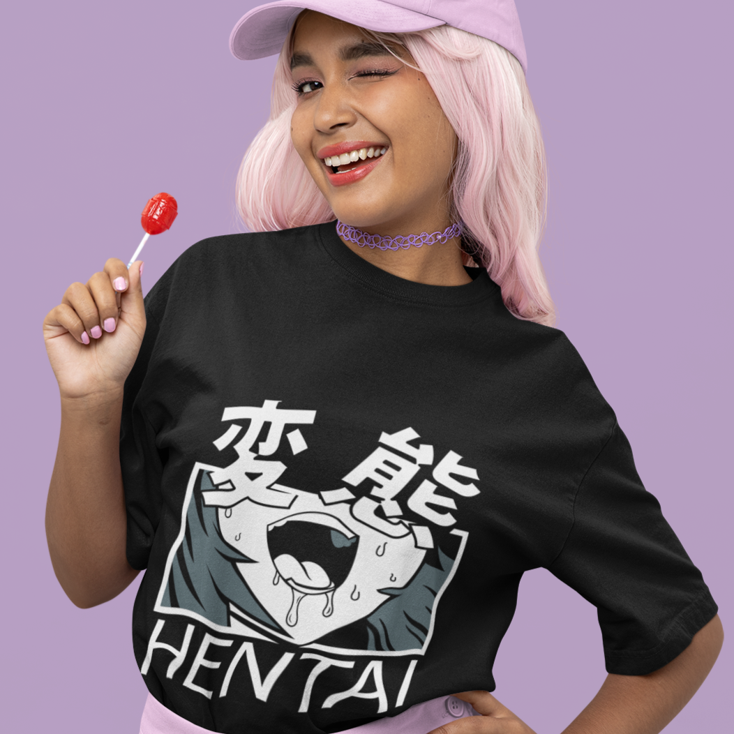 Woman wearing a Hentai Kanji Face Tee in black winking at the camera.