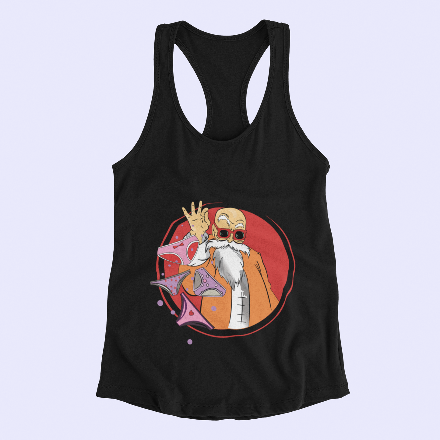 Master Roshi Underwear Toss Tank Top in black against minimalist surface.