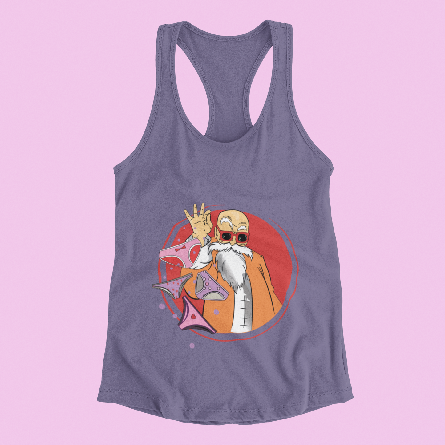Master Roshi Underwear Toss Tank Top in grape against minimalist surface.