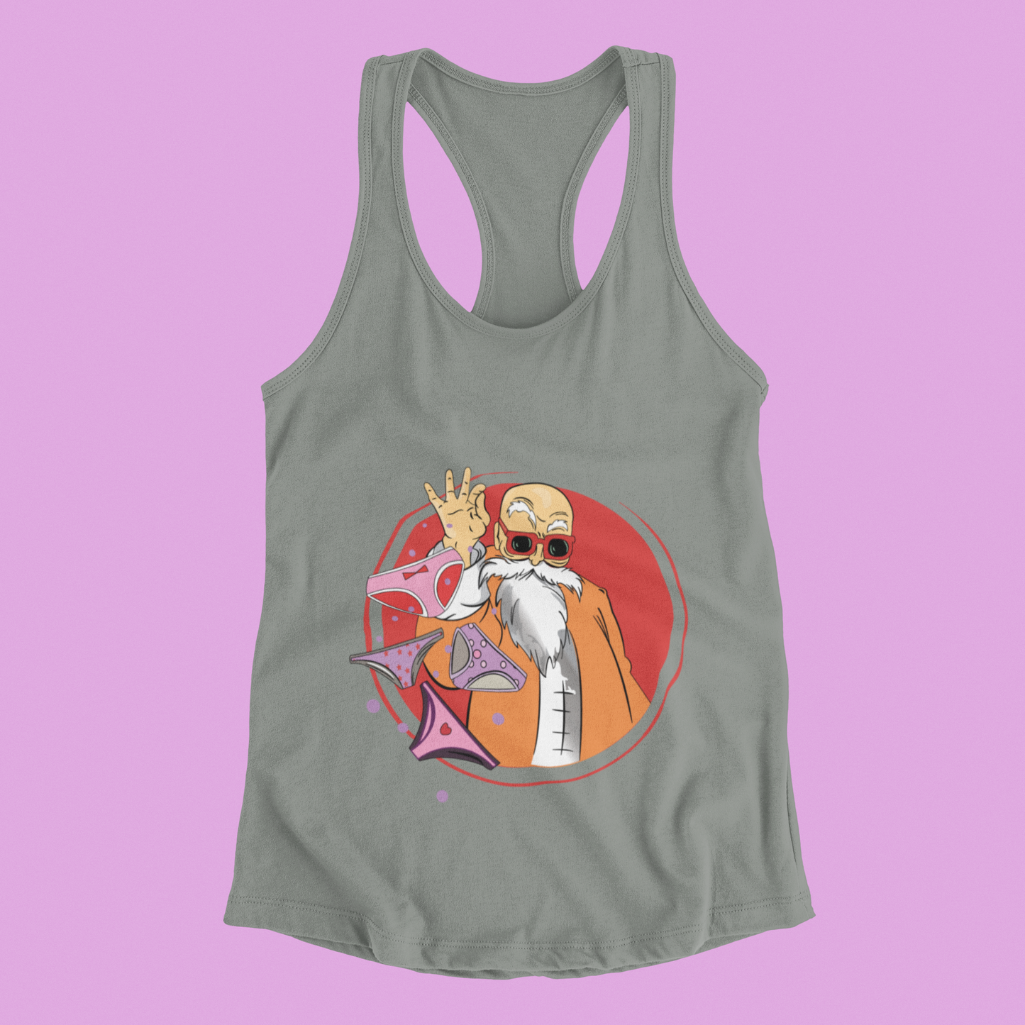 Master Roshi Underwear Toss Tank Top in grey against minimalist surface.