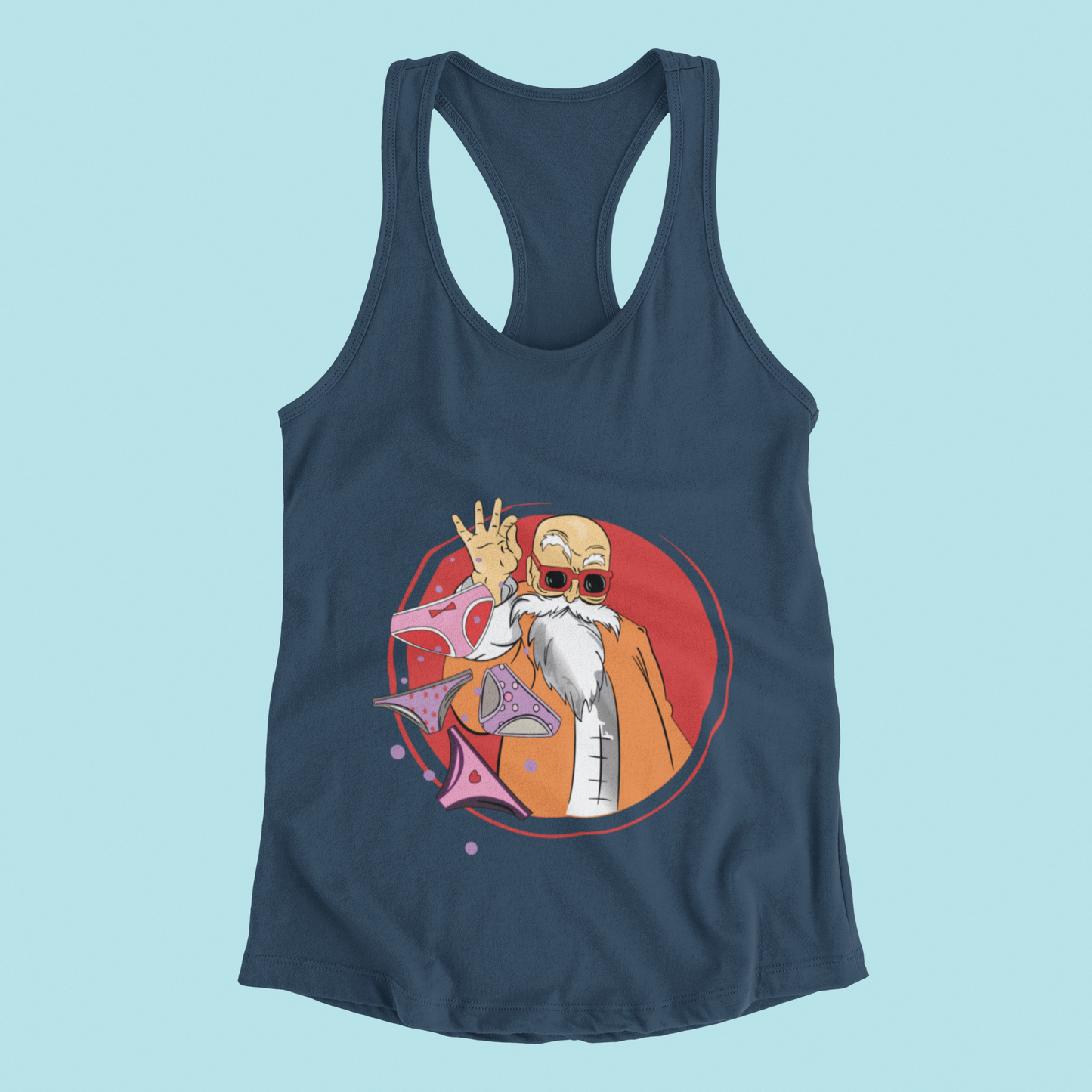 Master Roshi Underwear Toss Tank Top in true navy against minimalist surface.