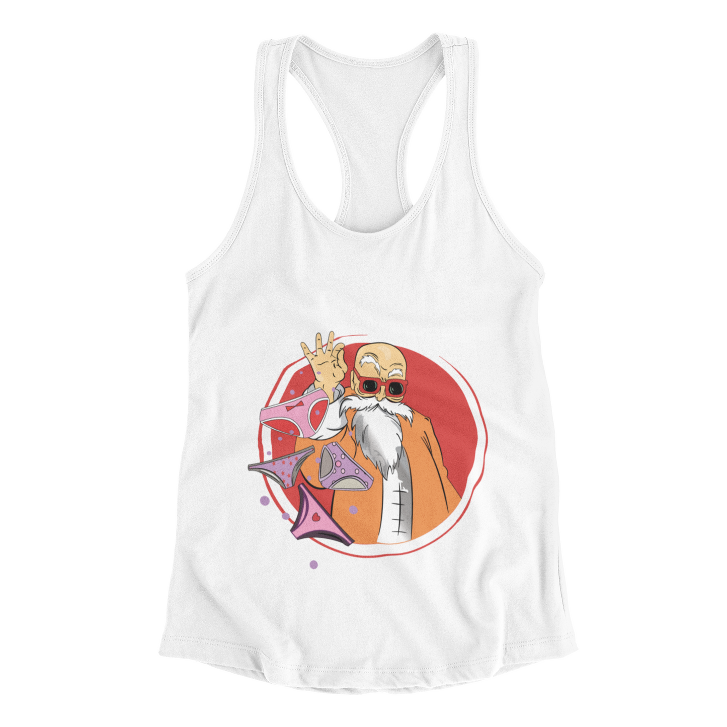 Master Roshi Underwear Toss Tank Top in white against minimalist surface.