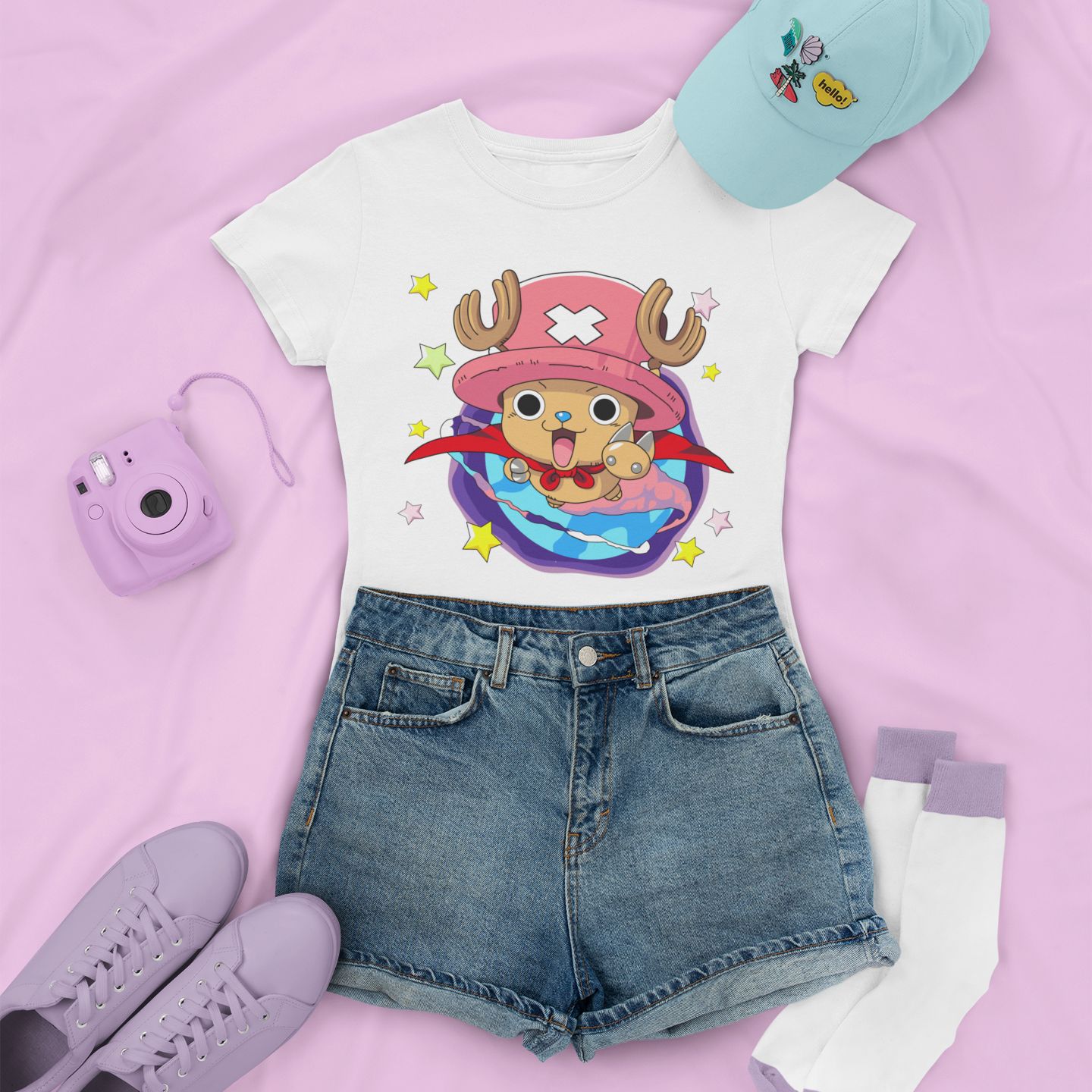 One Piece Chopper Doctor Mascot Tee in white with denim shorts, and low sneakers