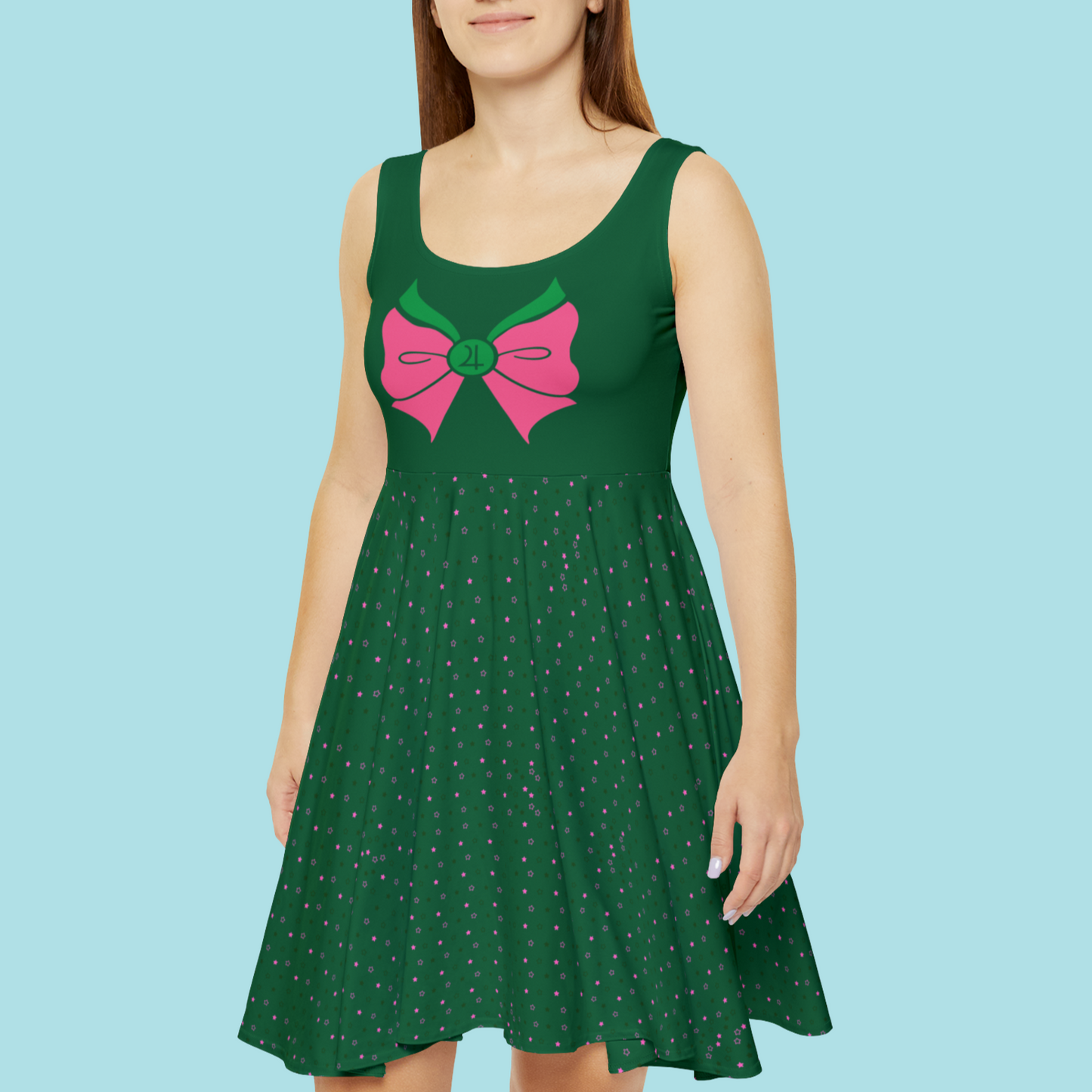 Woman smiling in Sailor Jupiter Bow Pattern Skater Dress