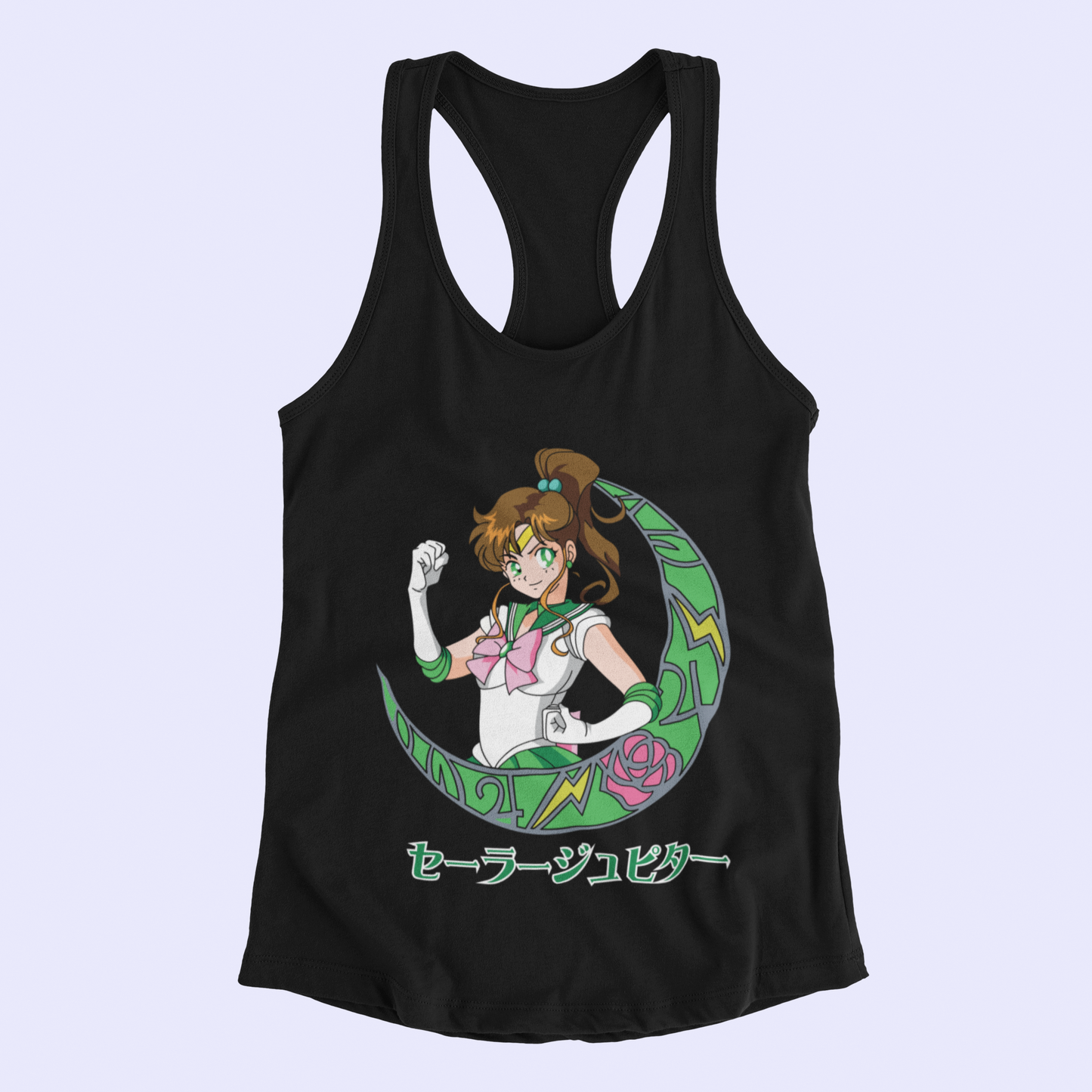 Sailor Jupiter Crescent Moon Tank Top in black against minimalist surface.