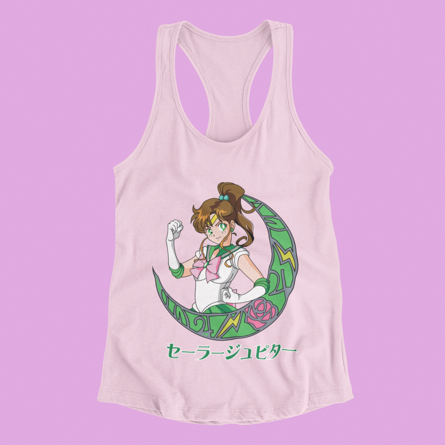 Sailor Jupiter Crescent Moon Tank Top in blossom against minimalist surface.