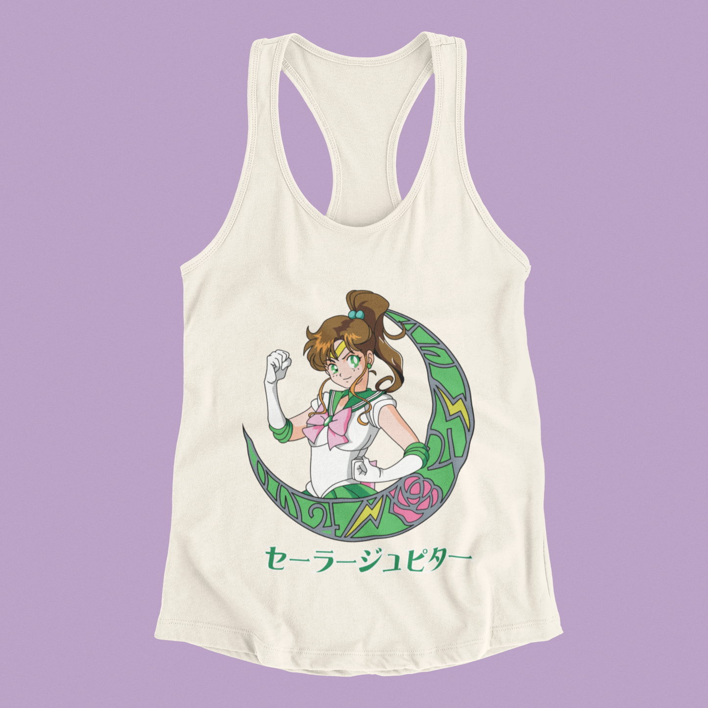 Sailor Jupiter Crescent Moon Tank Top in ivory against minimalist surface.