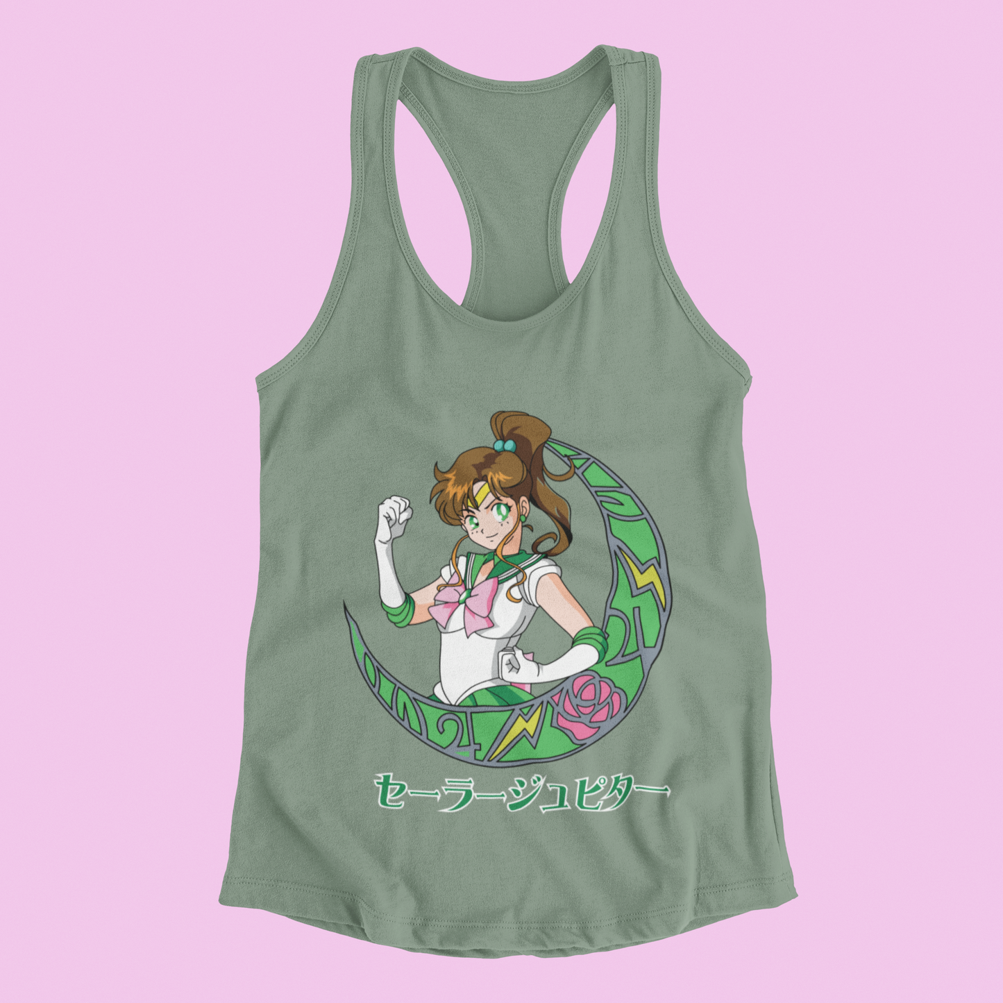 Sailor Jupiter Crescent Moon Tank Top in light green against minimalist surface.