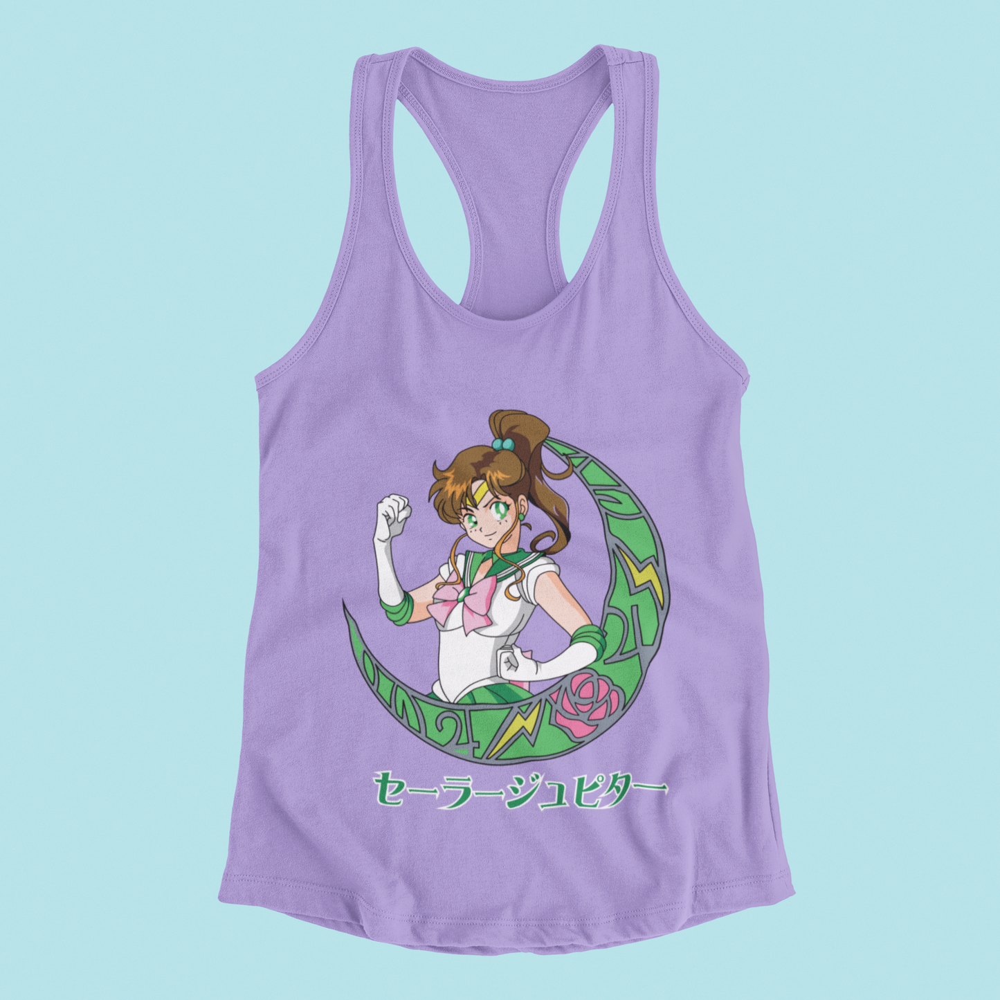 Sailor Jupiter Crescent Moon Tank Top in violet against minimalist surface.