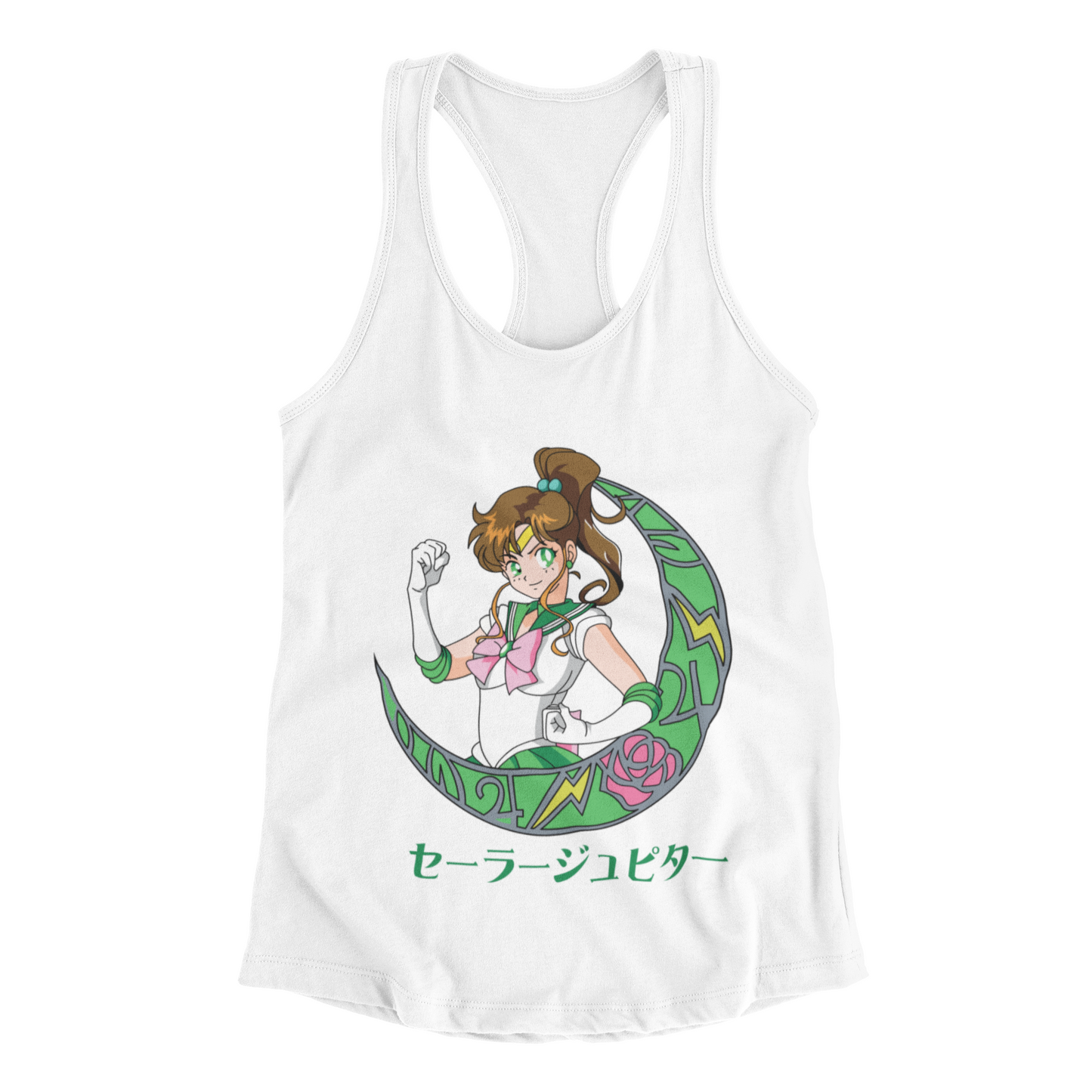 Sailor Jupiter Crescent Moon Tank Top in white against minimalist surface.