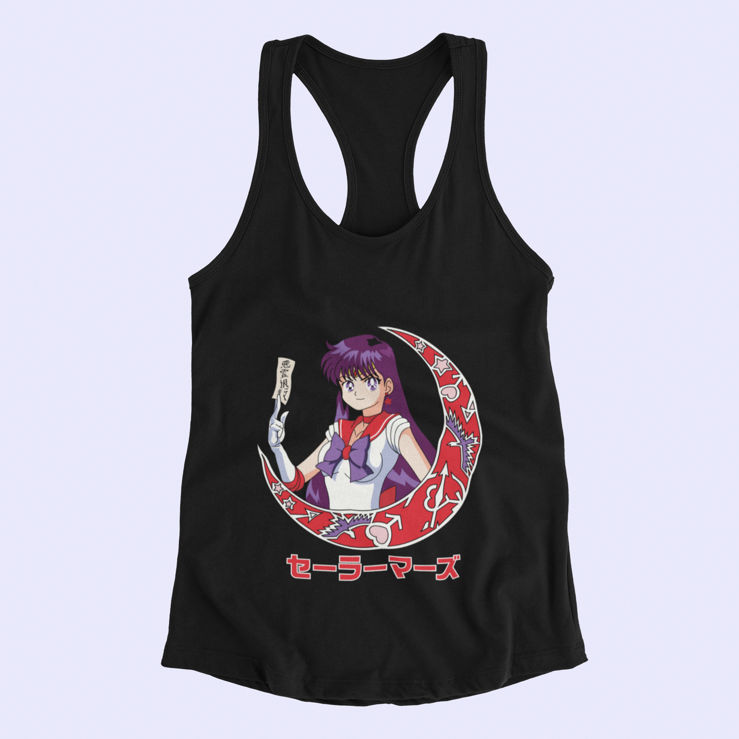 Sailor Mars Crescent Moon Tank Top in black against minimalist surface.