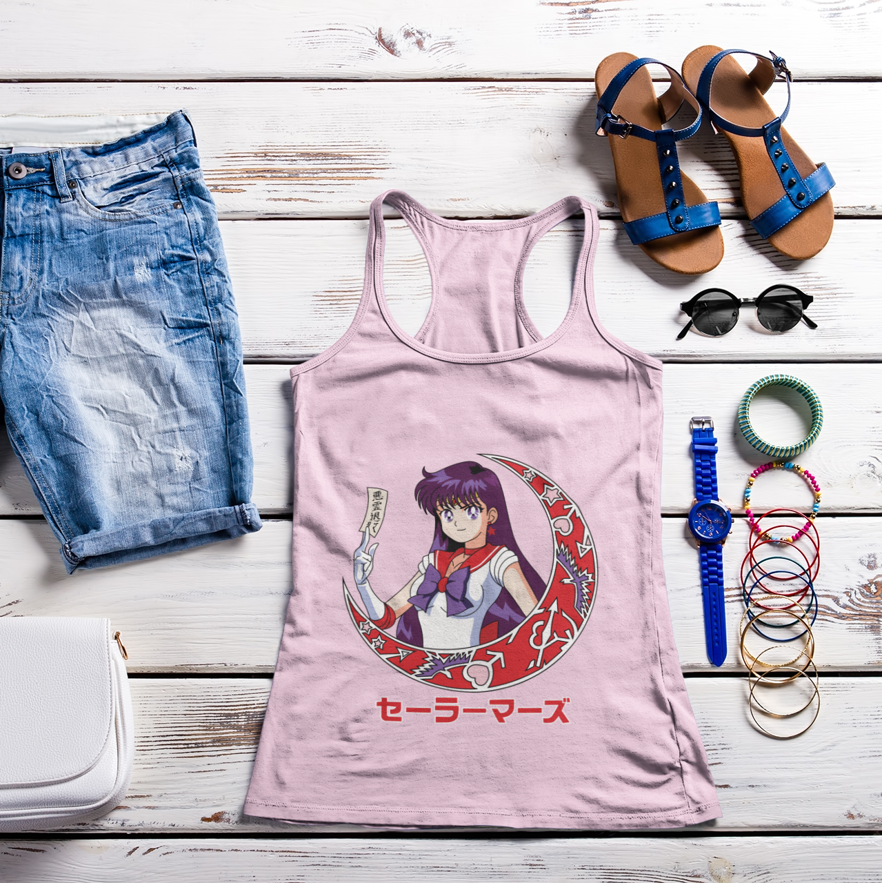 Sailor Mars Crescent Moon Tank Top in blossom fresh summer outfit