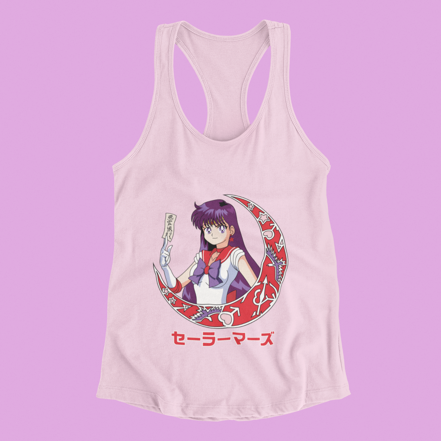 Sailor Mars Crescent Moon Tank Top in blossom against minimalist surface.
