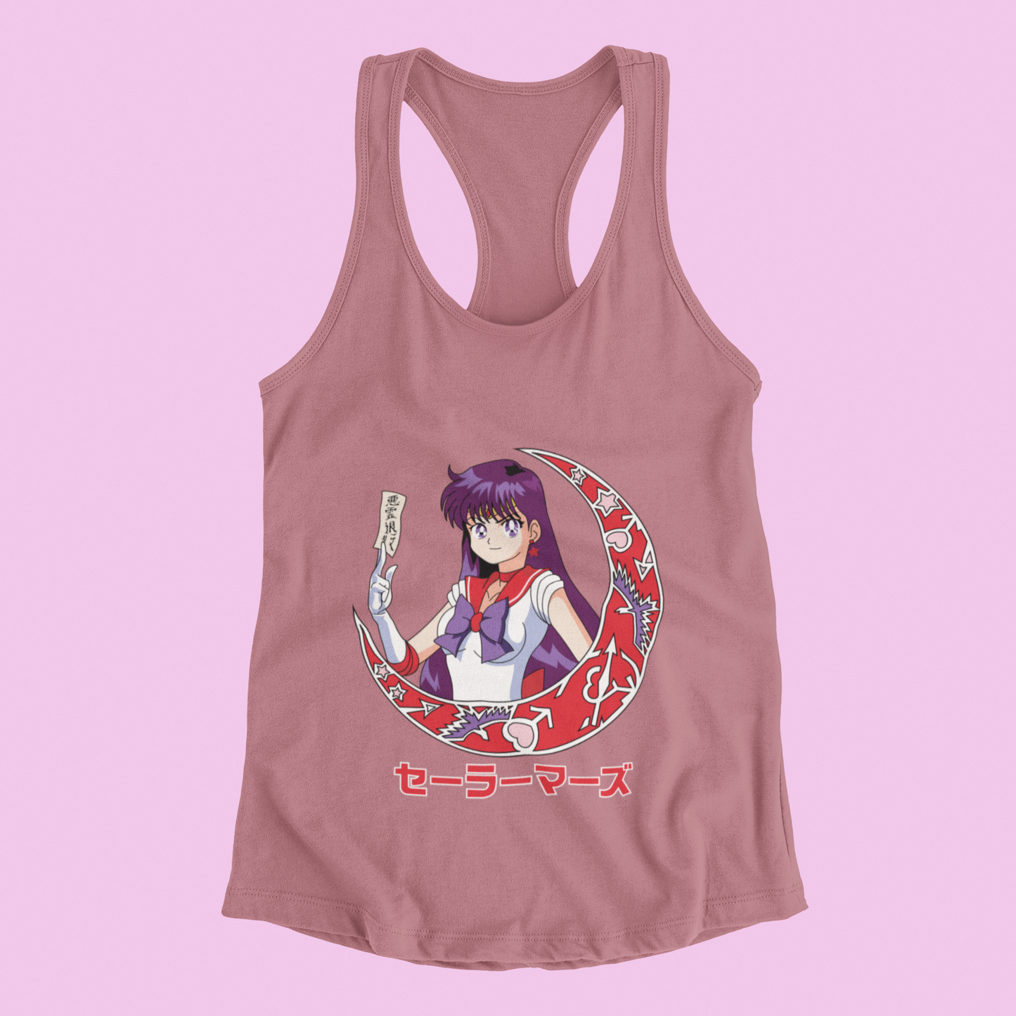 Sailor Mars Crescent Moon Tank Top in crimson against minimalist surface.