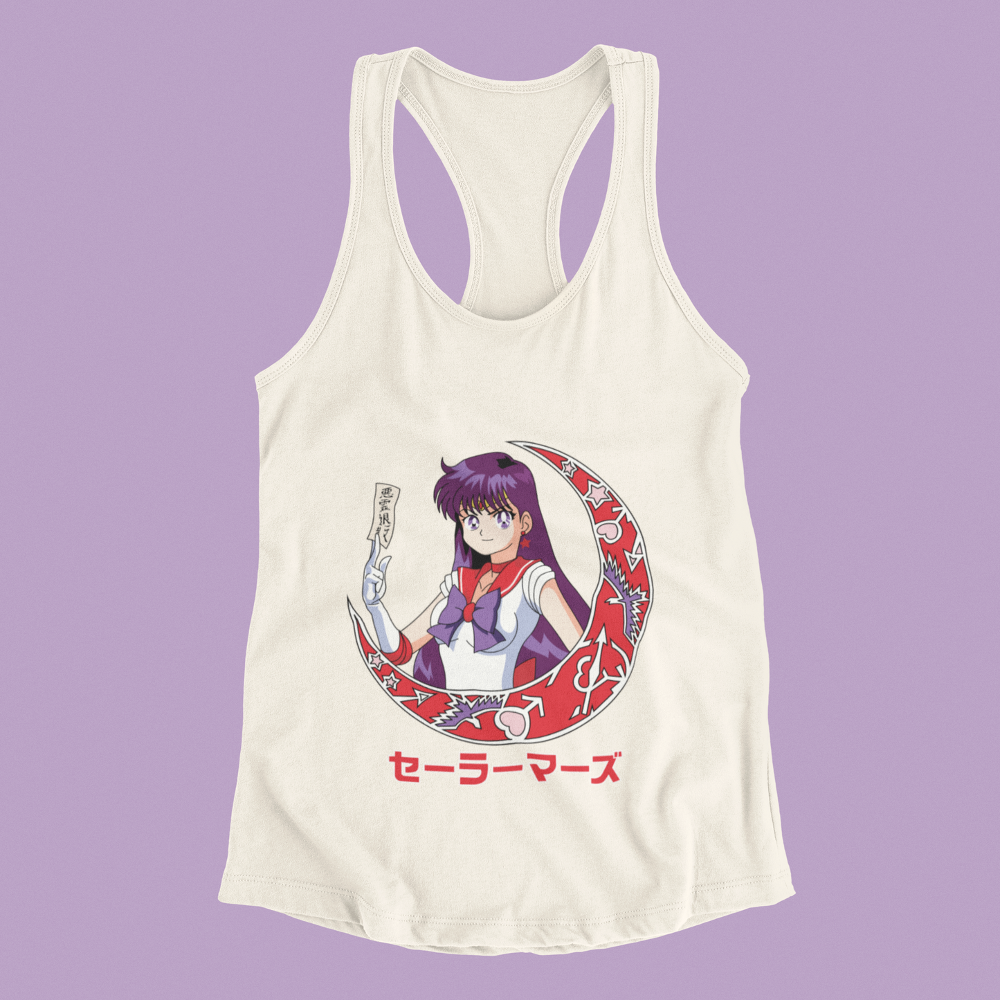 Sailor Mars Crescent Moon Tank Top in ivory against minimalist surface.
