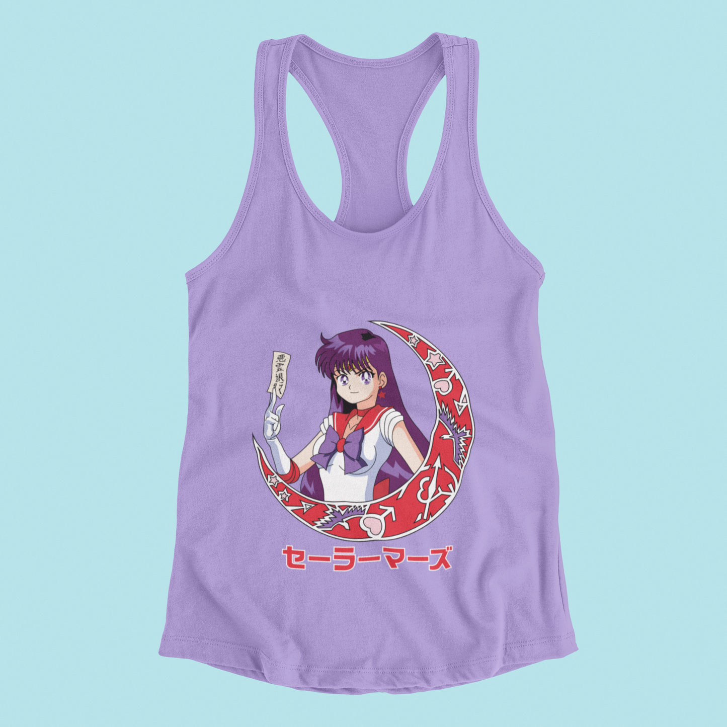 Sailor Mars Crescent Moon Tank Top in violet against minimalist surface.