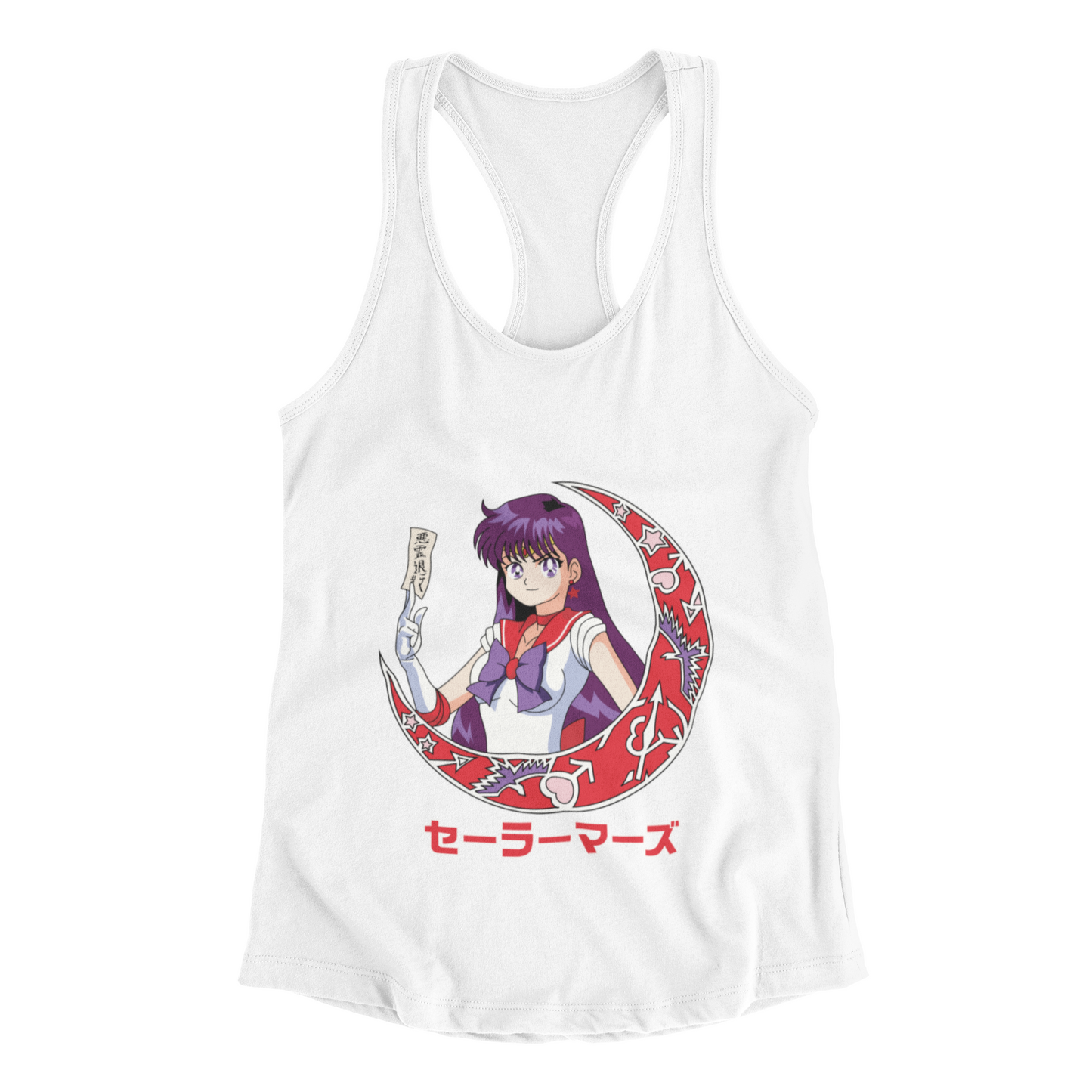 Sailor Mars Crescent Moon Tank Top in white against minimalist surface.