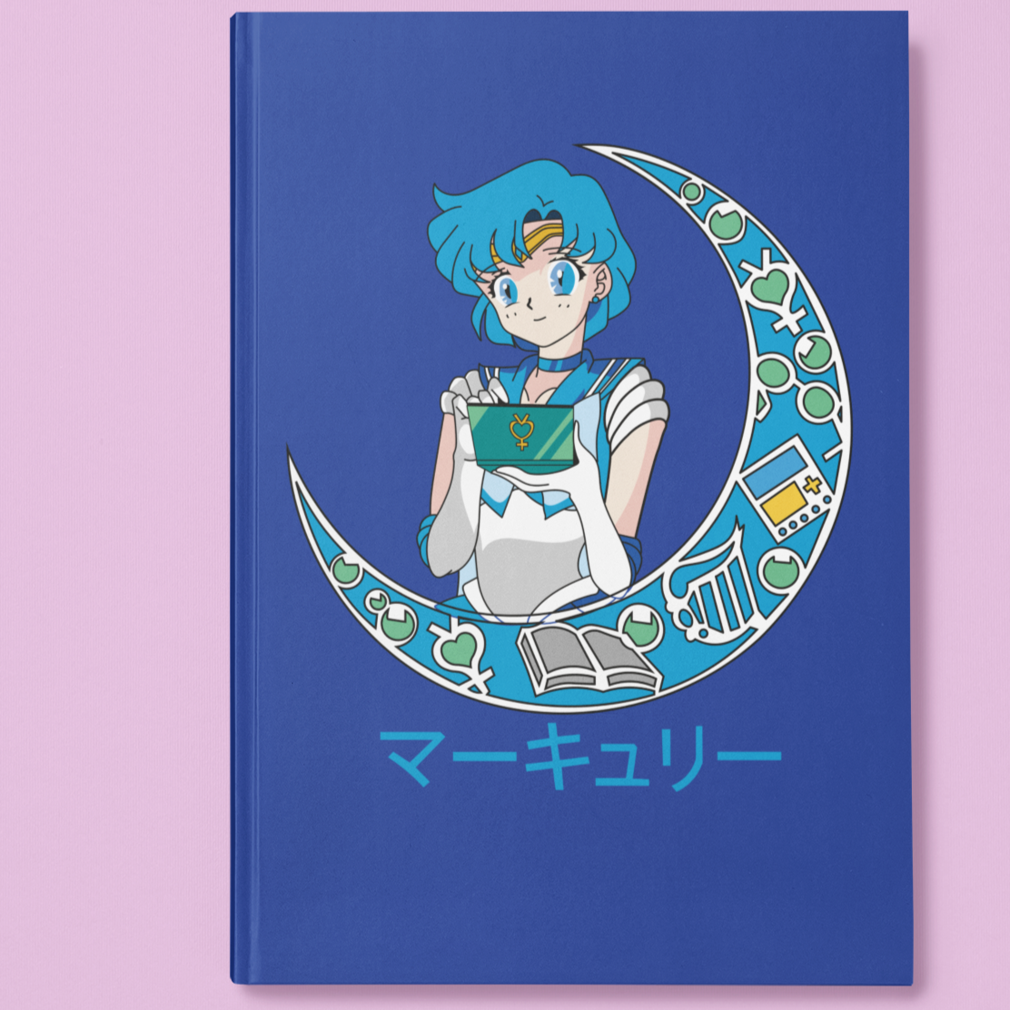 Sailor Mercury Crescent Moon Journal in blue against minimalist surface.