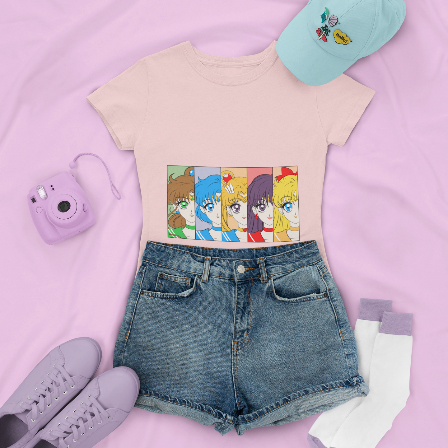 Sailor Scouts Portrait Tee in pink with denim shorts, and low sneakers