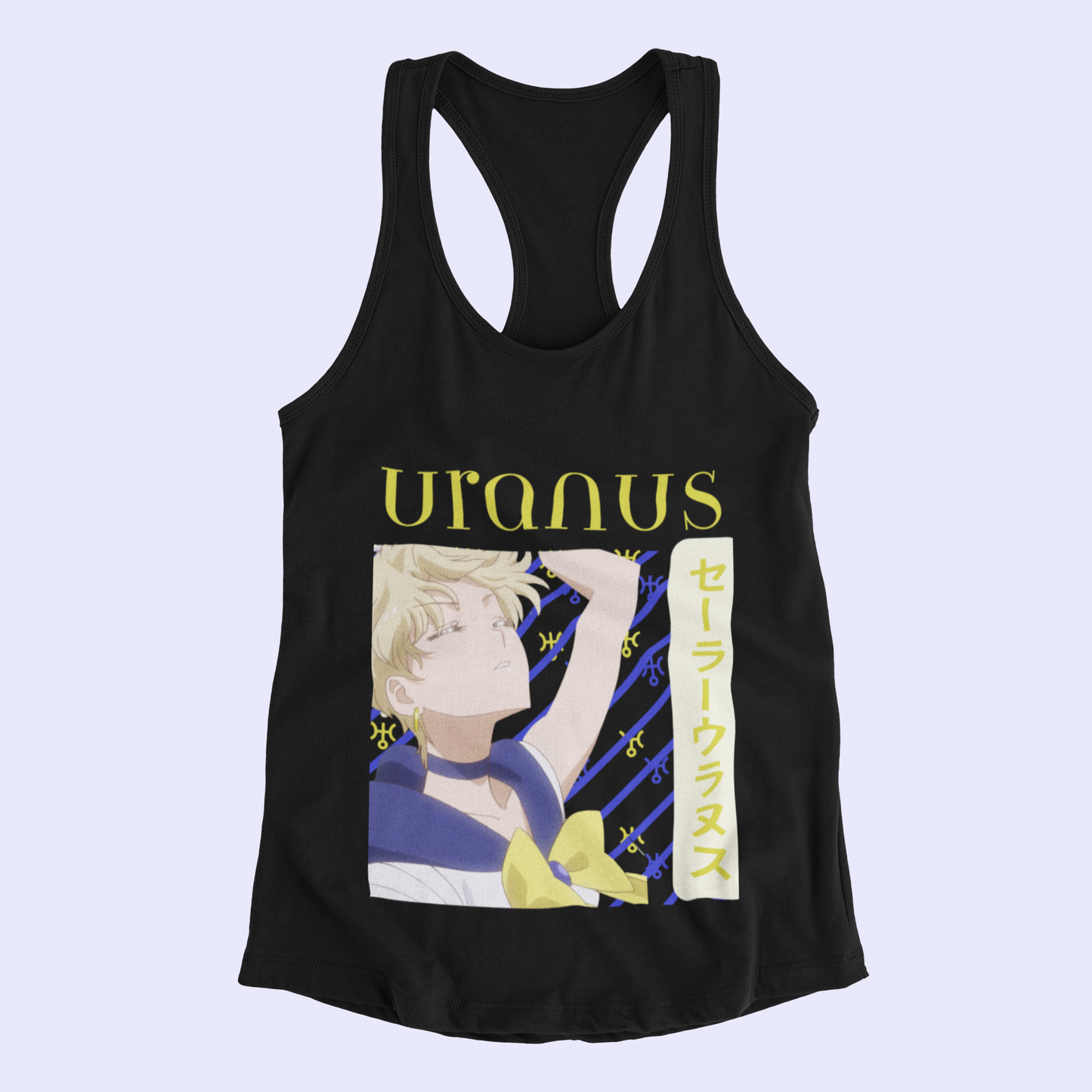 Sailor Uranus Heroic Pose Tank Top in black against minimalist surface.