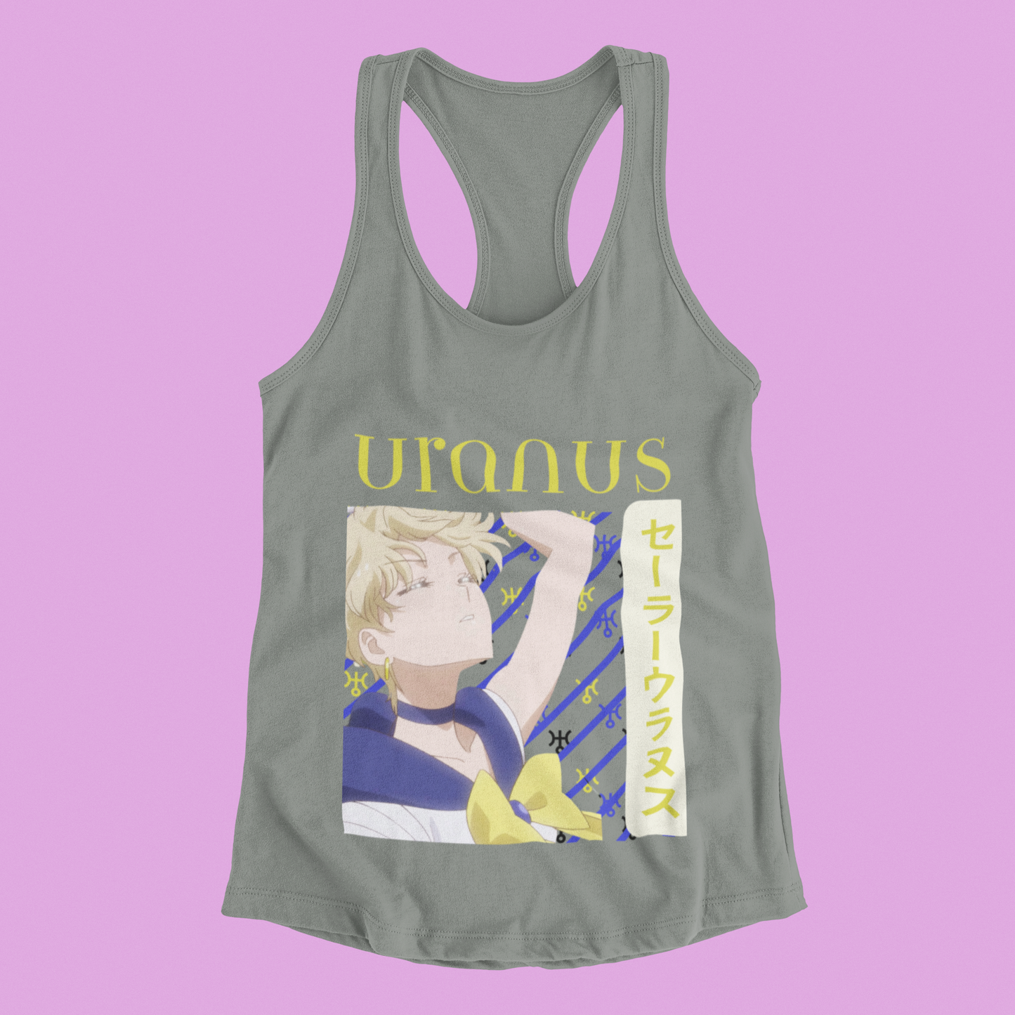 Sailor Uranus Heroic Pose Tank Top in grey against minimalist surface.