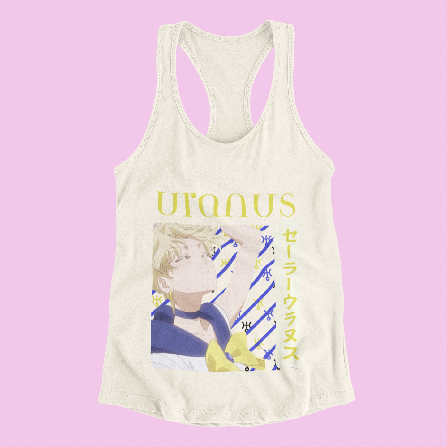 Sailor Uranus Heroic Pose Tank Top in ivory against minimalist surface.