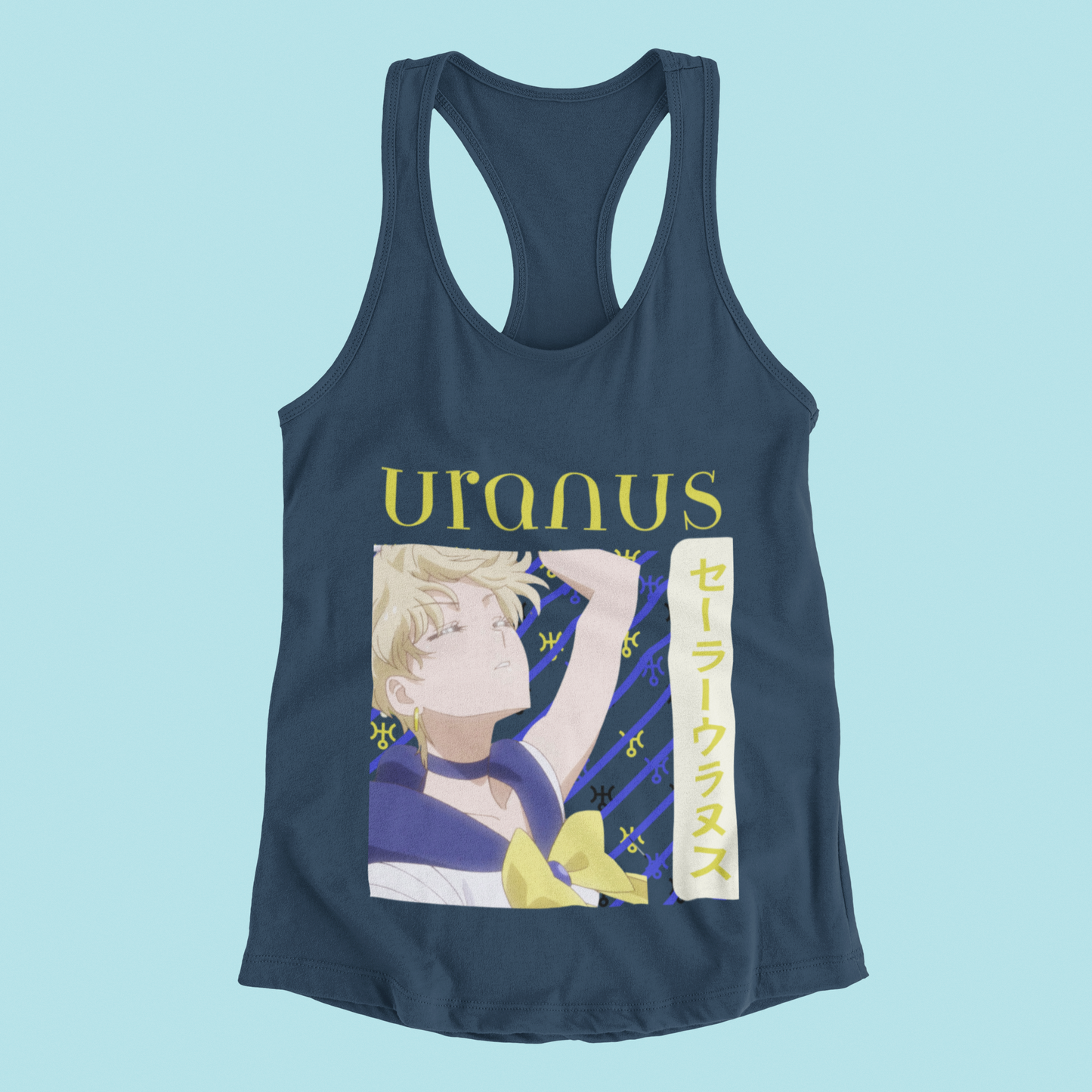 Sailor Uranus Heroic Pose Tank Top in true navy against minimalist surface.