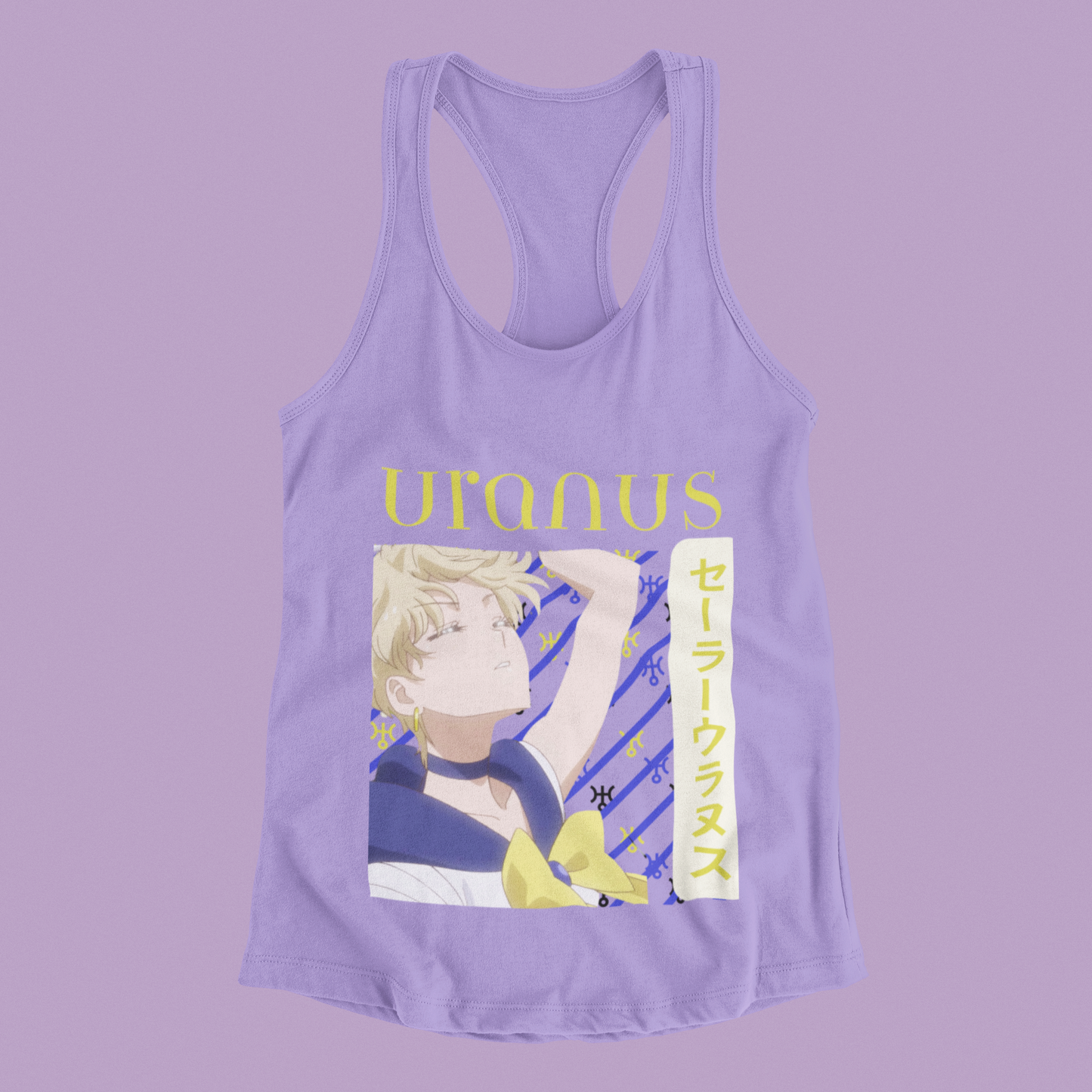 Sailor Uranus Heroic Pose Tank Top in violet against minimalist surface.