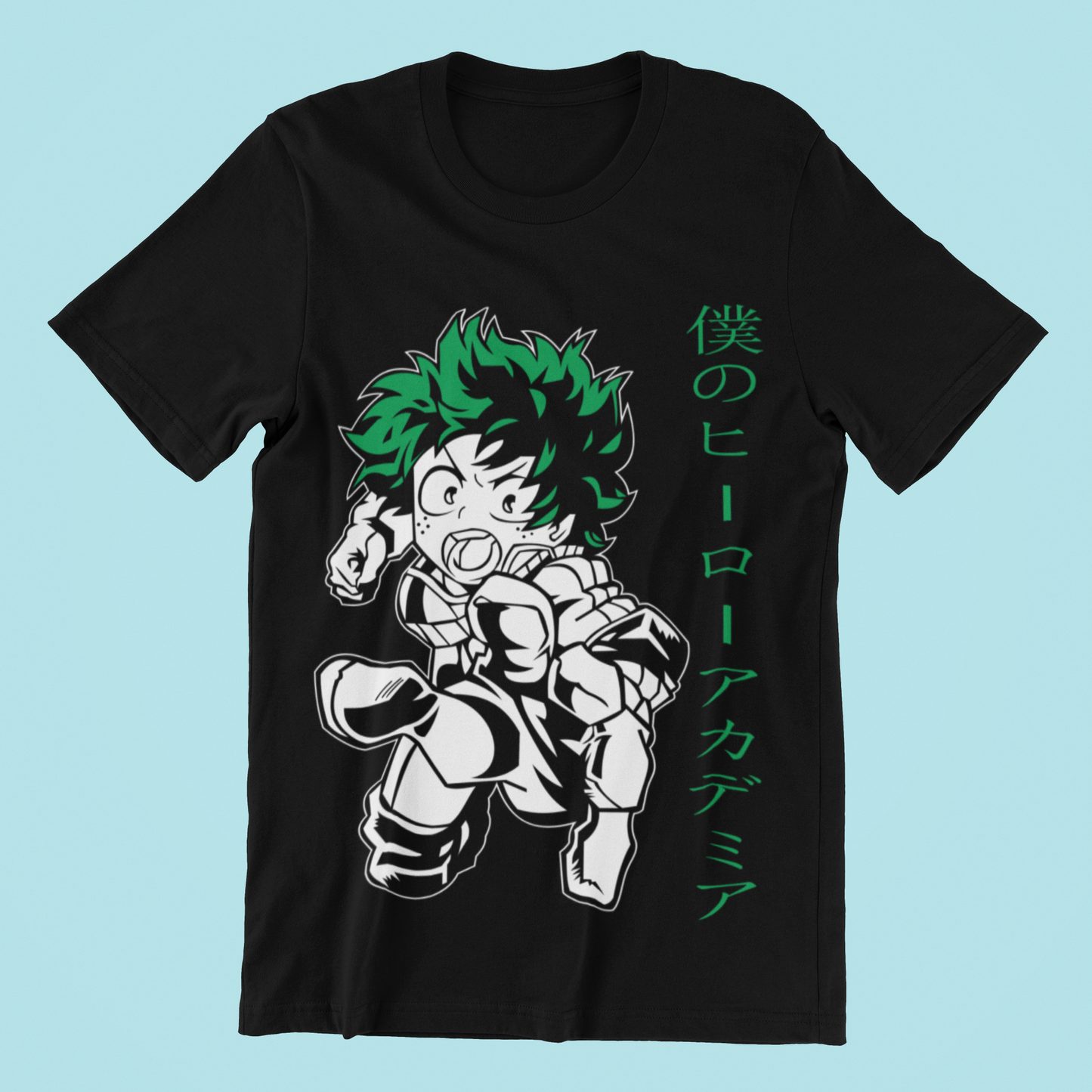 Deku Hero Academia Tee in black against minimalist surface.