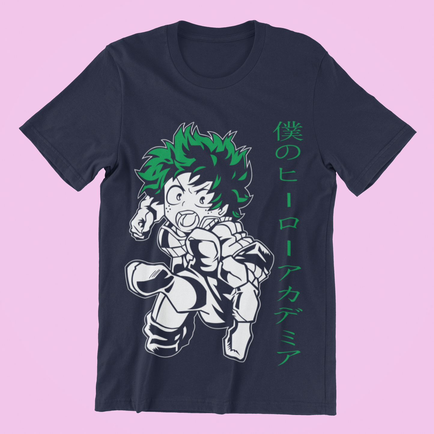 Deku Hero Academia Tee in navy against minimalist surface.