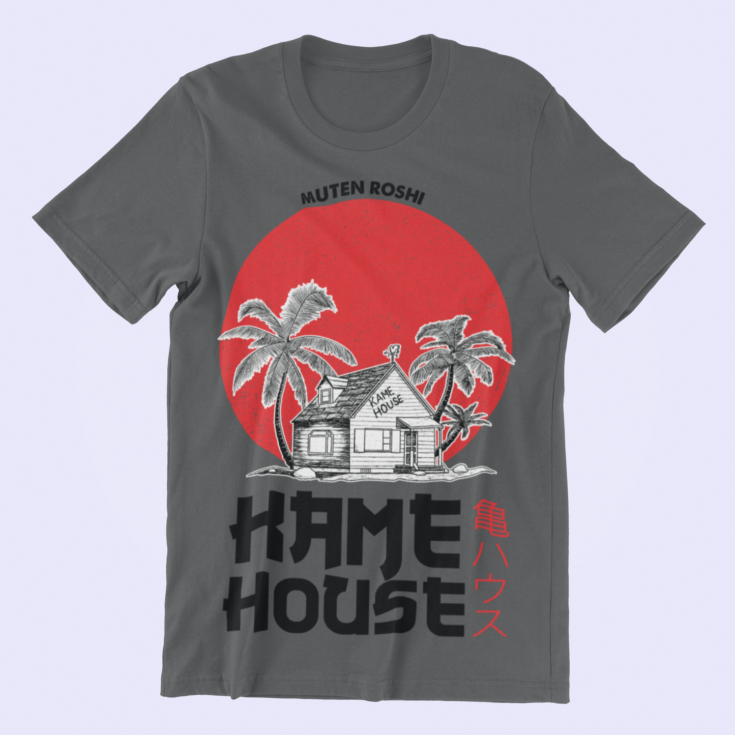 Dragon Ball Kame House Tee in asphalt against minimalist surface.