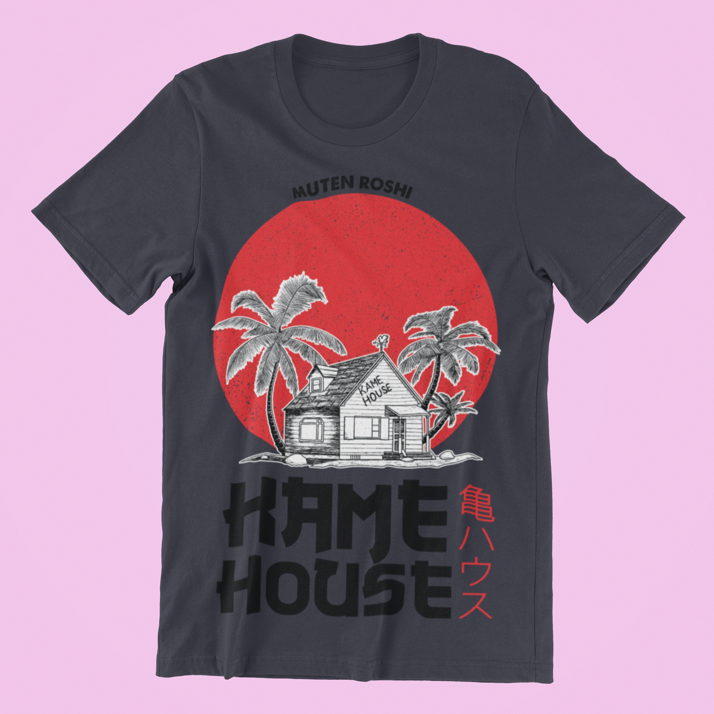 Dragon Ball Kame House Tee in heather team navy against minimalist surface.