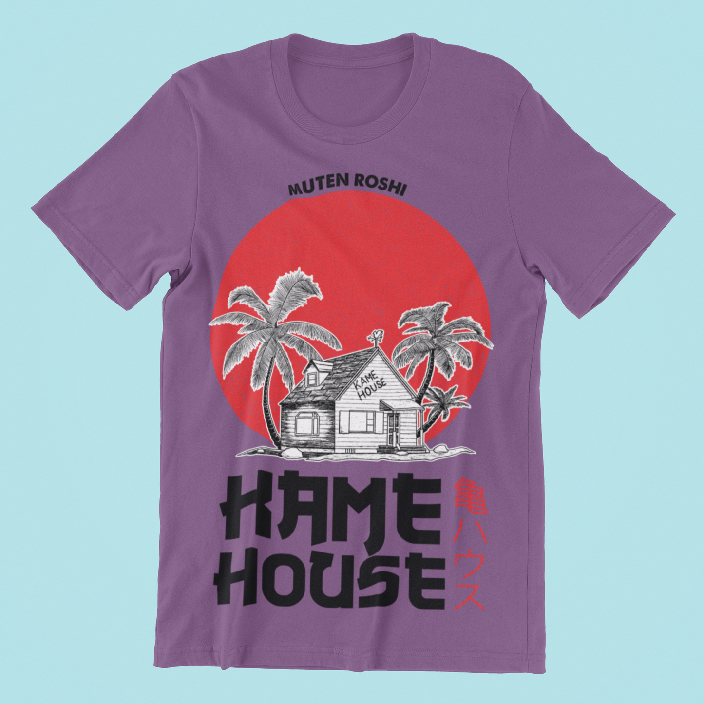 Dragon Ball Kame House Tee in heather team purple against minimalist surface.