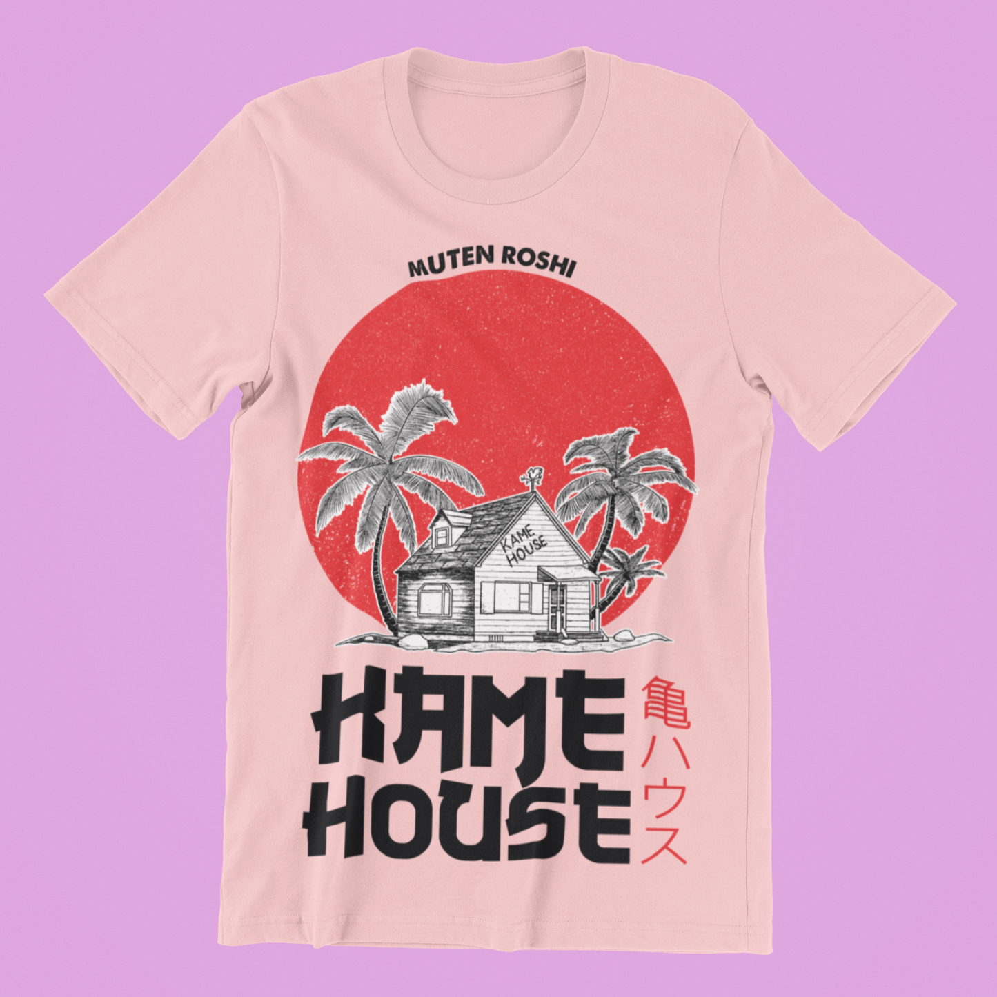 Dragon Ball Kame House Tee in pink against minimalist surface.