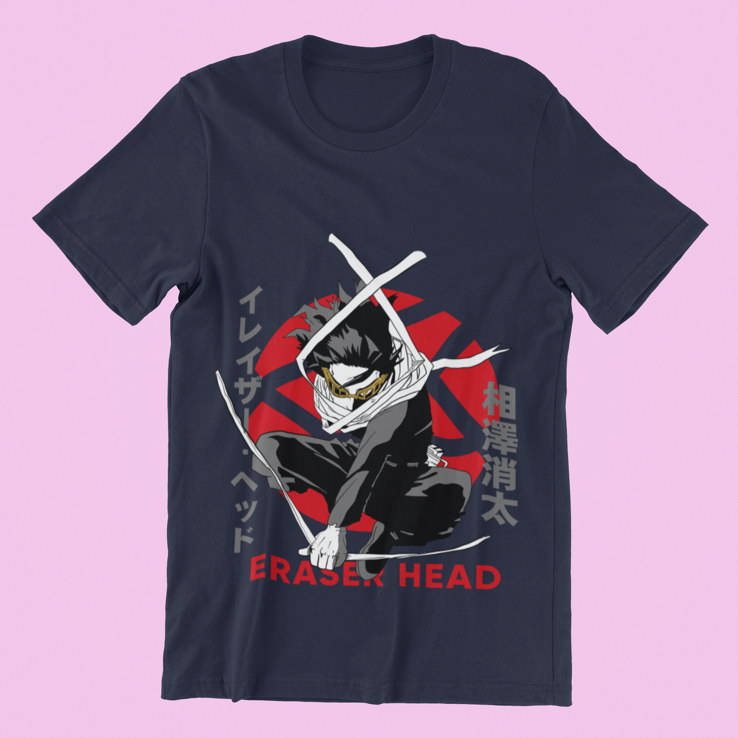 Eraser Head Dynamic Pose Tee in navy against minimalist surface.