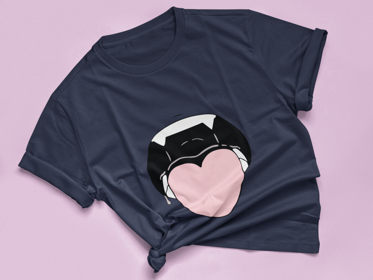 Heart Tongue Hentai Tee in navy knotted in cute style.
