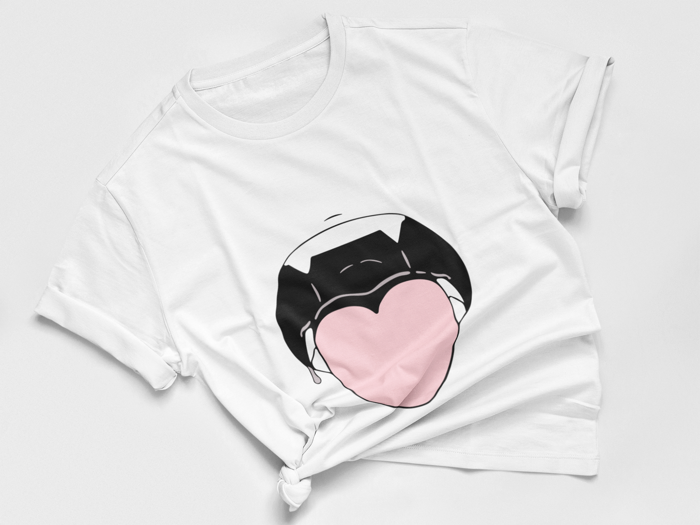 Heart Tongue Hentai Tee in white knotted in cute style.