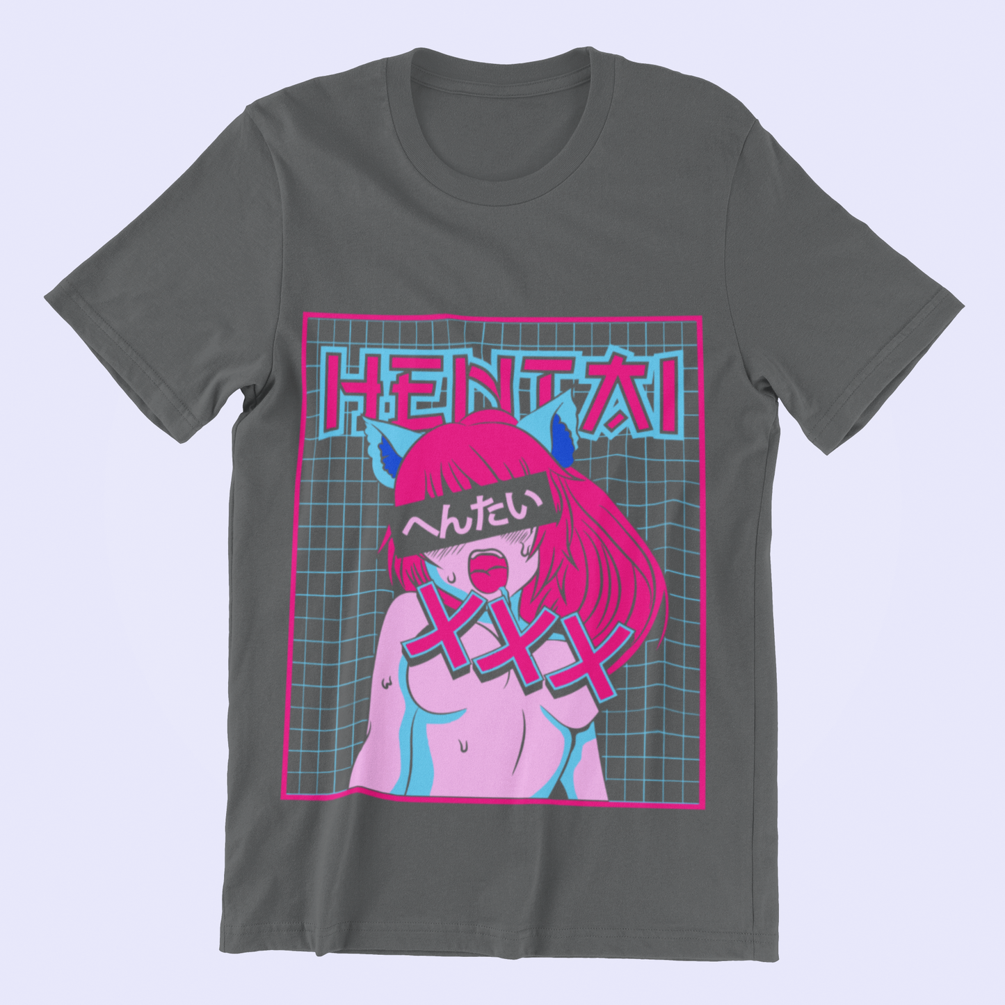 Hentai Catgirl Tee in asphalt against minimalist surface.