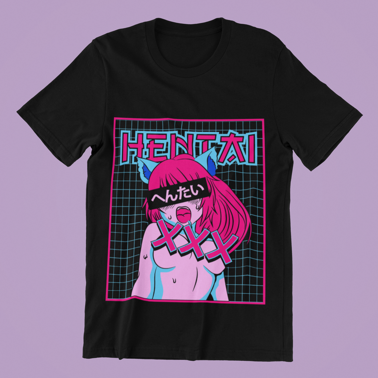 Hentai Catgirl Tee in black against minimalist surface.
