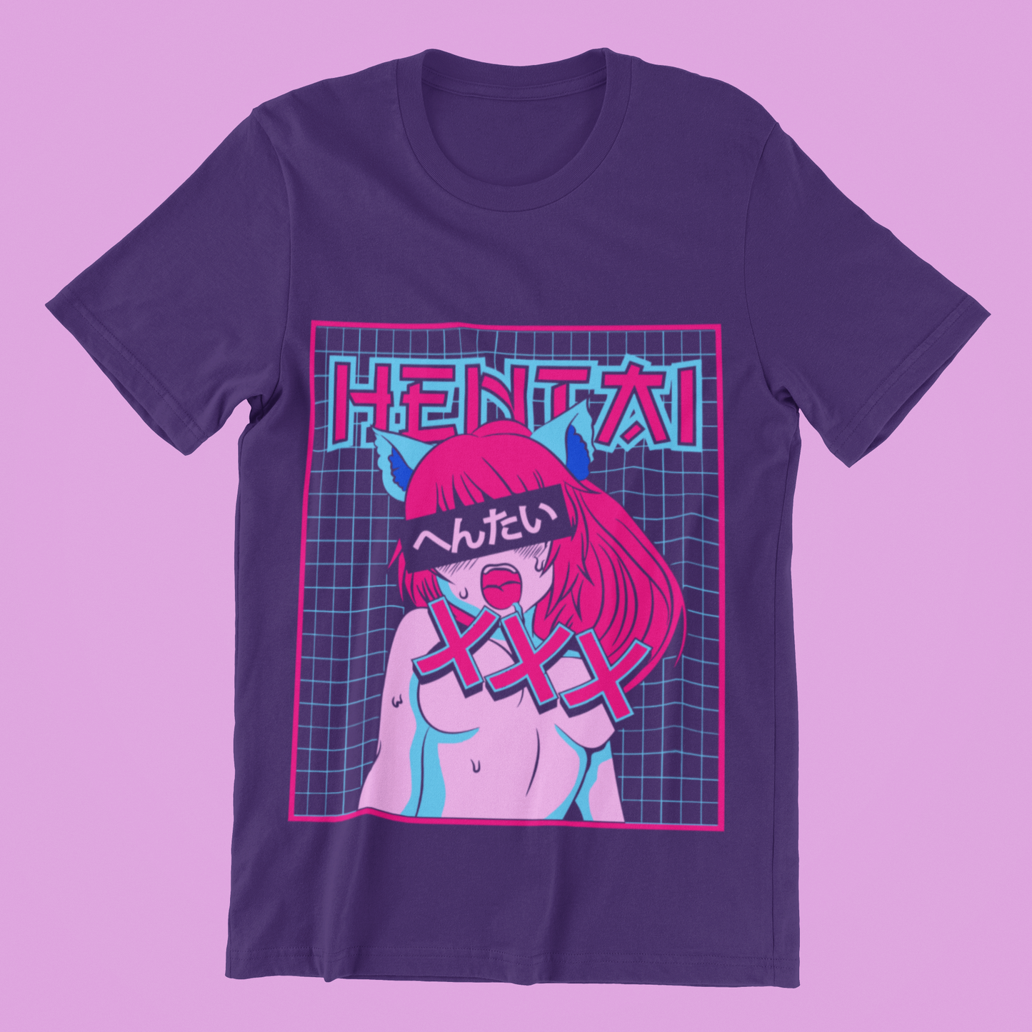 Hentai Catgirl Tee in team purple against minimalist surface.