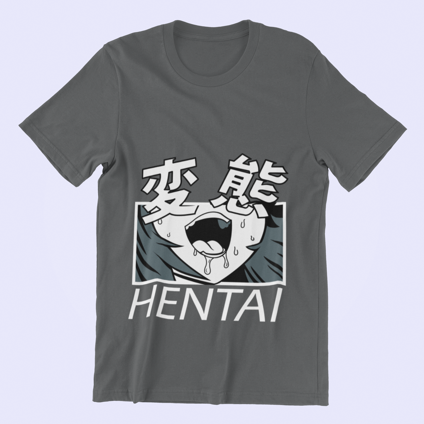 Hentai Kanji Face Tee in asphalt against minimalist surface.