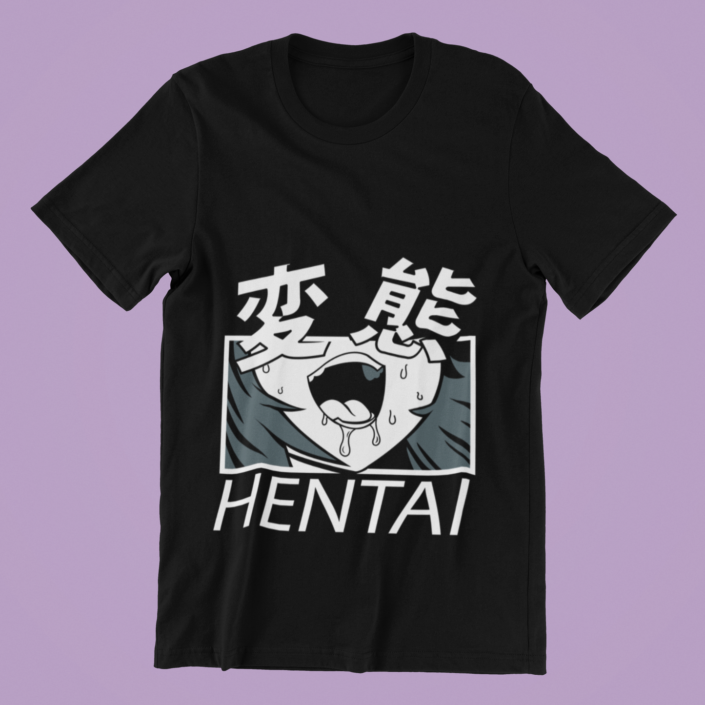 Hentai Kanji Face Tee in black against minimalist surface.