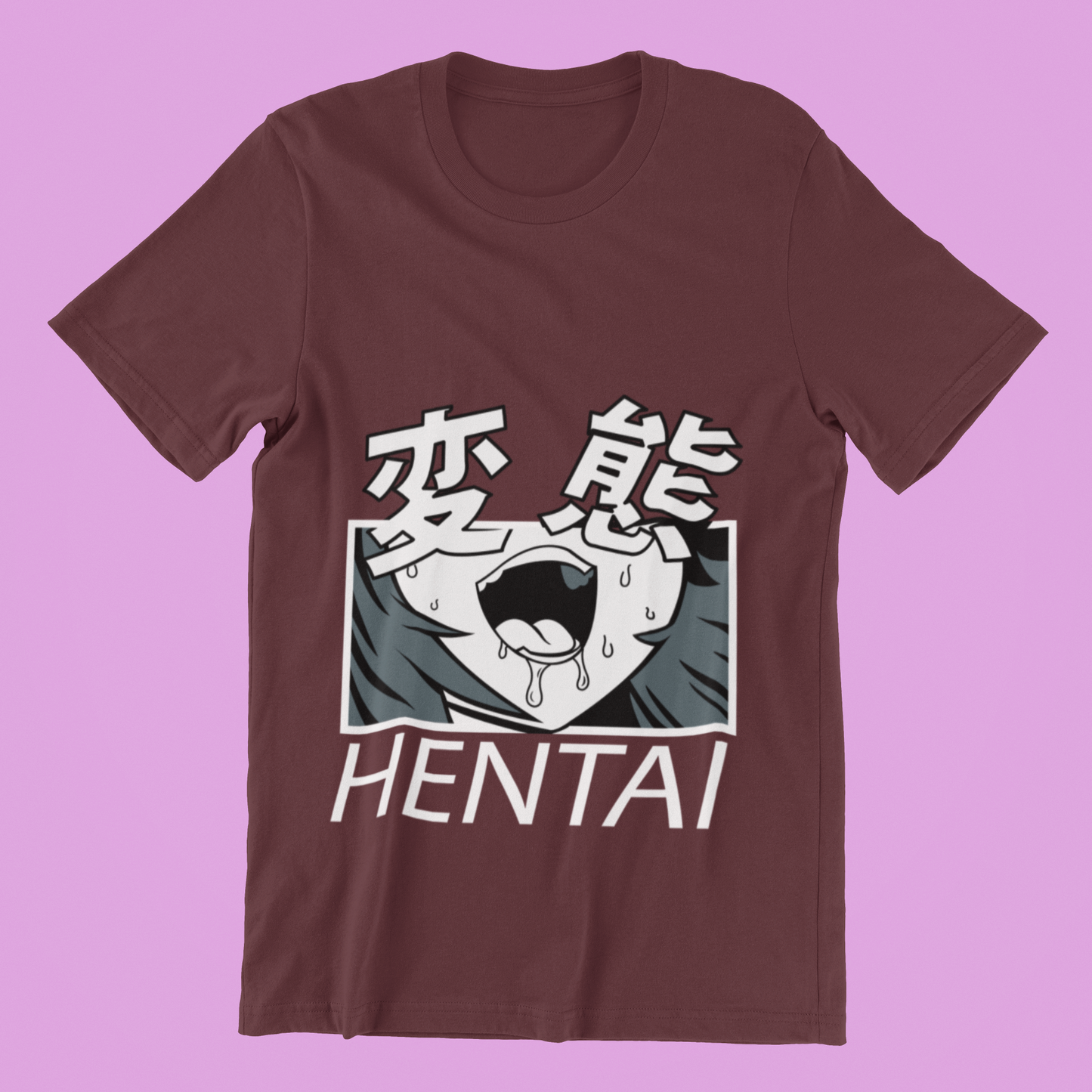 Hentai Kanji Face Tee in maroon against minimalist surface.