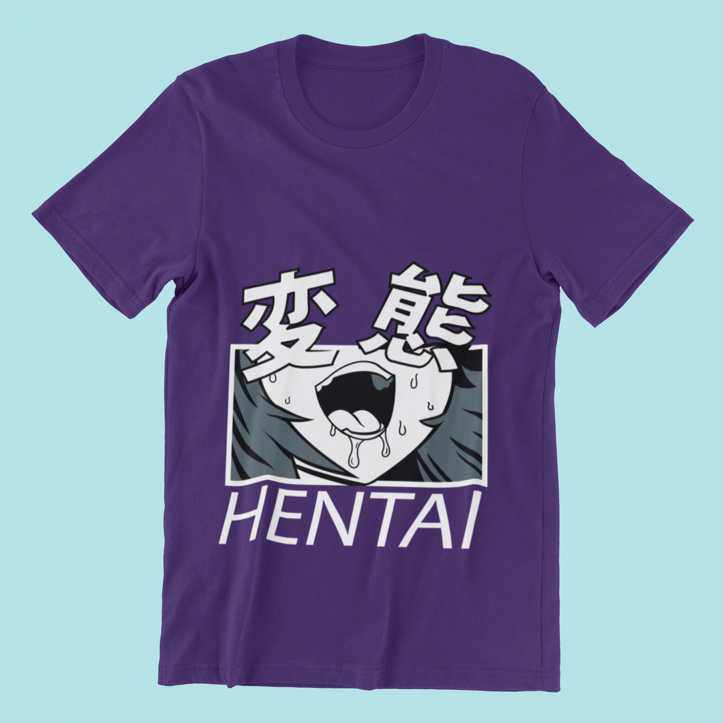 Hentai Kanji Face Tee in team purple against minimalist surface.