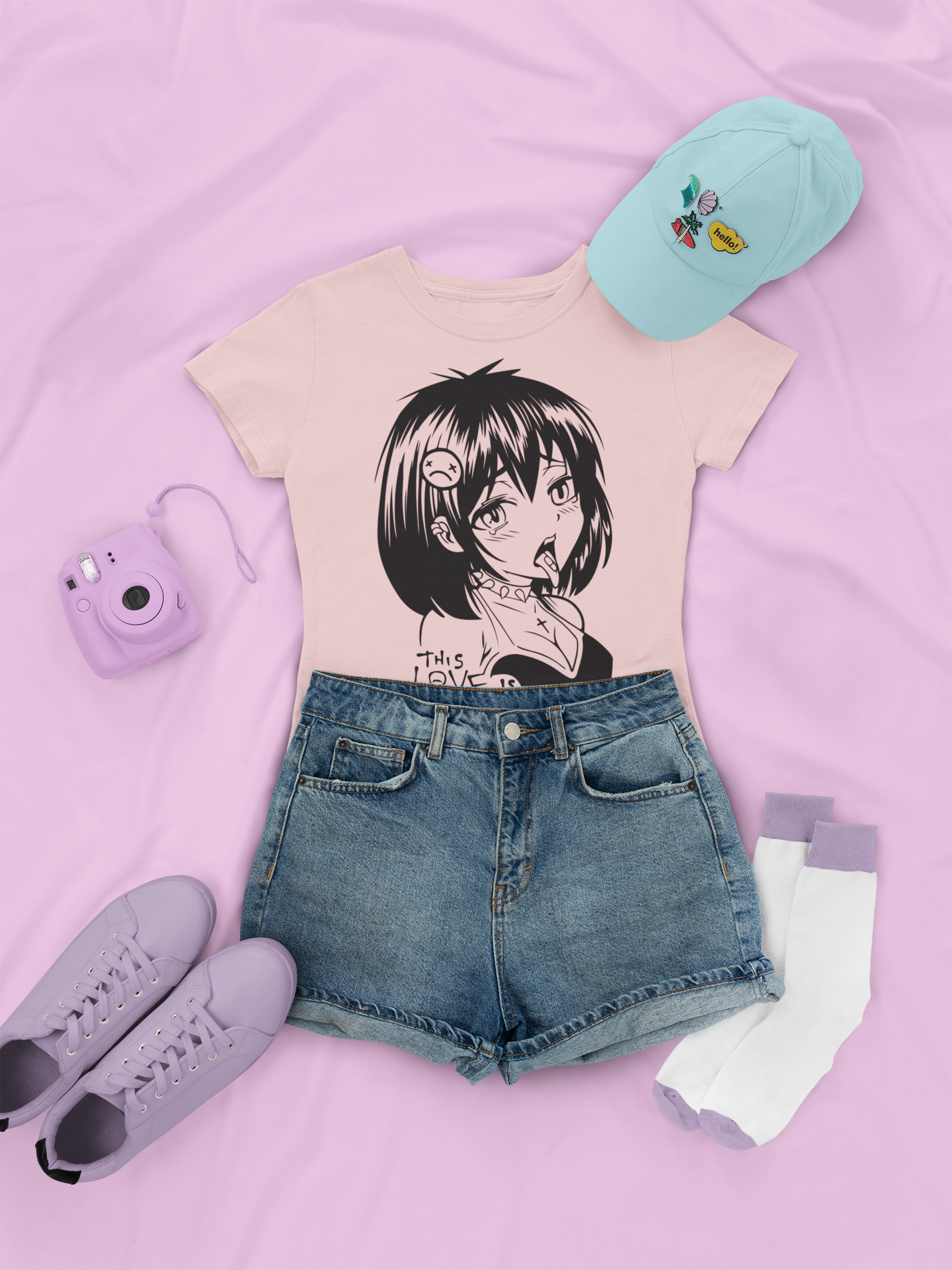 Hentai "Love is Toxic" Pixel Art Tee in pink with denim shorts, and low sneakers