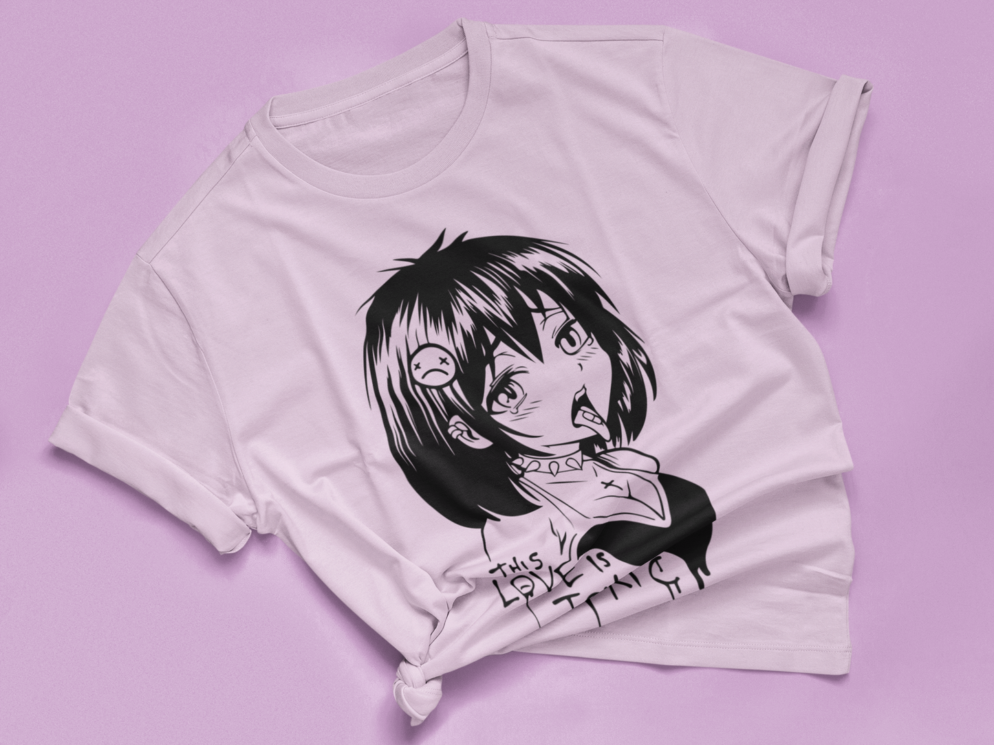 Hentai Pixel Art Tee in lilac knotted in cute style.