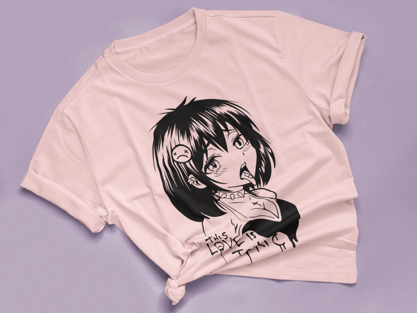 Hentai Pixel Art Tee in pink knotted in cute style.