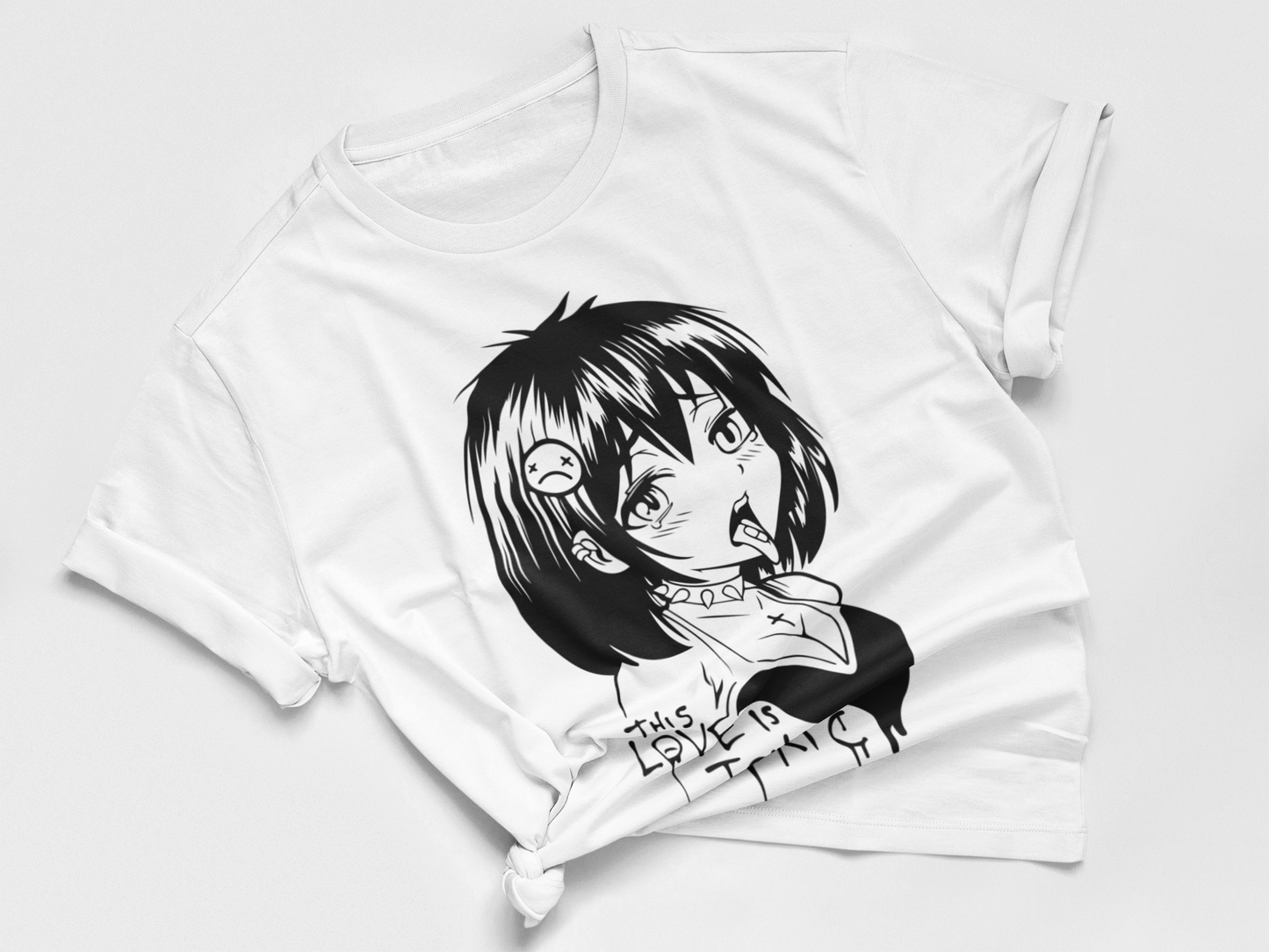Hentai Pixel Art Tee in white knotted in cute style.