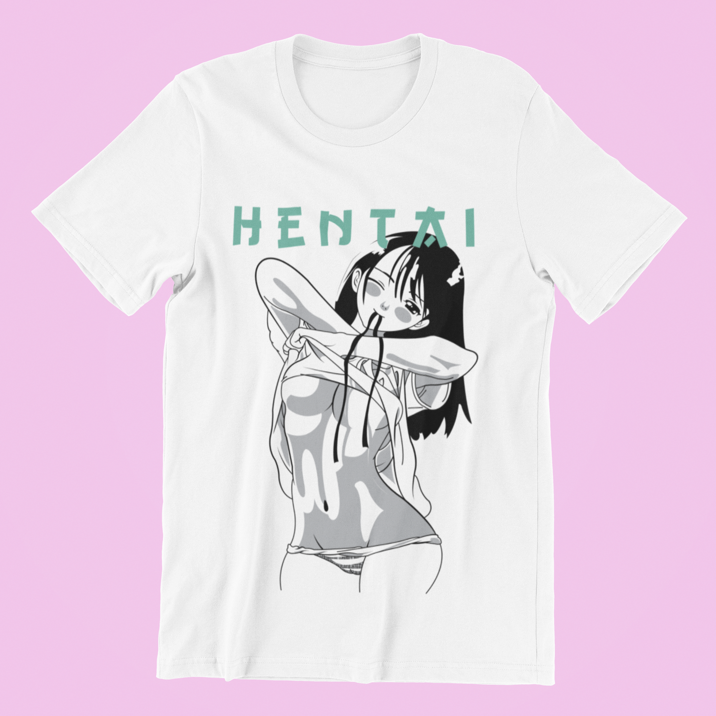 Hentai Style Abstract Art Tee in white against minimalist surface.